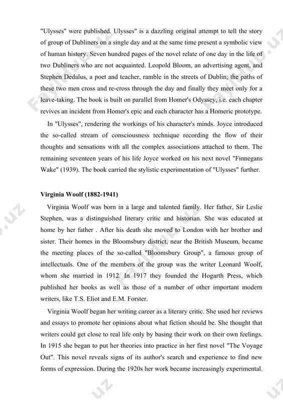 n writers, like t.s. eliot and e.m. forster. virginia woolf began her writing career as a literary critic. she used her reviews and essays to promote her opinions about what fiction should be. she thought that writers could get close to real life only by basing their work on their own feelings. in 1915 she began to put her theories into practice in her first novel "the voyage out". this novel reveals signs of its author's search and experience to find new forms of expression. during the 1920s her work became increasingly experimental. her stories and sketches "monday or tuesday" (1921) show her developing an impressionistic style and bringing some of the techniques of lyrical poetry into prose. in novels like "mrs. dalloway"(]925), "to the lighthouse" (1927), and "the waves" (1931), she rebels against the social fiction of the prewar period with its emphasis on de​tailed descriptions of character and …