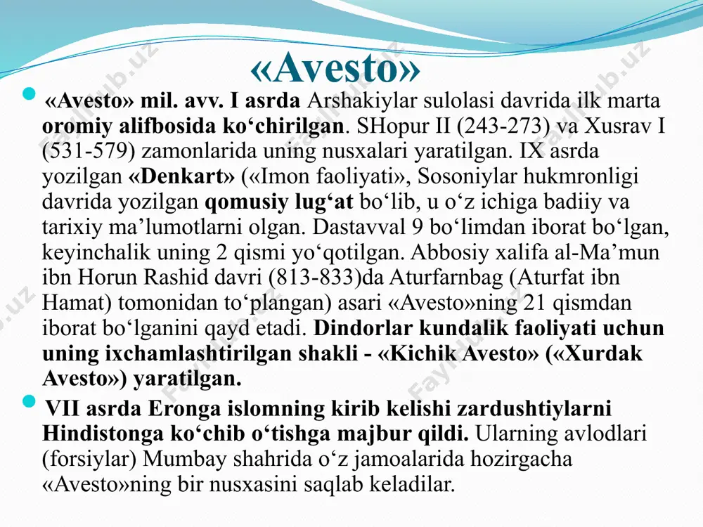 lik tarafdori bo‘lmish anxra-maynyu (yunoncha, axriman - yomonlik, buzg‘unchilik ibtidosi) ustidan g‘alaba qozonadi. shuning uchun ko‘pchilik dinshunoslar zardushtiylikni assimmetrik dualizmga mansubligini qayd qilishgan. ta’limotga ko‘ra, birinchi inson govmard (forscha - ho‘kiz-odam) bo‘lgan. birinchi shoh yima (jamshid) hukmronligi oltin davr hisoblangan. uning davrida kishilar bekamu-ko‘st, baxtiyor yashaganlar. 900 yil o‘tgach, shoh yima g‘ururga berilib, man etilgan sigir go‘shtini eydi va yovuzlik ramzi axriman hukmidagi kuchlar bosh ko‘taradi. oqibatda olamni muzlik qoplaydi. yima axura-mazda amri bilan odamlar va hayvonlarni sovuqdan saqlab qolish uchun qo‘rg‘on qurib, unga har bir jonzotdan bir juftini joylashtiradi. insoniyat tarixining ilk oltin davri tugagach, yaxshilik va yomonlik o‘rtasidagi kurash davri bo‘lgan ikkinchi davr boshlangan. uchinchi davrda axura-mazda g‘alaba qilib, ezgulik saltanati qaror topadi, o‘lganlar qayta tiriladi. zardushtiylik ta’limotiga ko‘ra, dunyo sinovlardan emas, balki yovuzlikka qarshi kurashdan iborat, xolos. ta’limotda insoniyat yashayotgan dunyo muhim hisoblanadi. shuning uchun unda dunyoviy lazzatlardan oxirat uchun voz kechish masalalari ilgari surilmaydi. ezgu amallar …