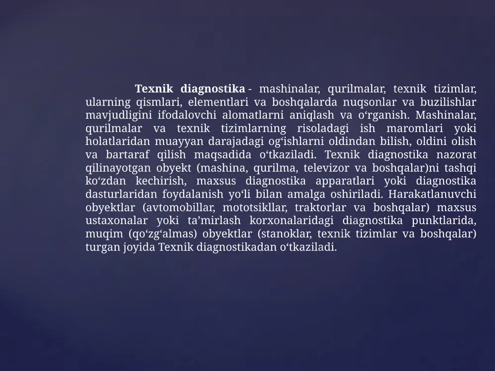 an fiziologik xususiyatlari hisobga olinadi. patologo-anatomik d.da bemor vafot etganidan keyin uni yorib olingan maʼlumotlar va toʻqimalar biontatini taxlil qilish asosida tashhis qoʻyiladi. d.ni takomillashtirishda telekommunikatsiya, internet va elektron aloqalardan foydalanish mumkin. veterinariya d.si umumiy va maxsus boʻladi. umumiy d.da kasal hayvonni roʻyxatga olinadi, analizlar yigʻiladi, shilliq qavati, limfa tu-gunlari, yungi, terisi tekshiriladi, harorati oʻlchanadi va h. k. maxsus d.da esa ichki aʼzolar, kon, siydik, oshqozon va ichaqdagi narsalar, orqa miya suyukligʻi, goʻngi va b. tekshiriladi. yurak va miyadagi elektr potensiallarining oʻzgarishlarini qayd qilish (elektrokardiografiya va elektroensefalografiya) ayniqsa kimmatli usuldir. 20-asr oxirida ichki aʼzolar kasalliklari d.sida ultratovush texnikasi, magnit rezonans apparati, kompyuter tomografiya usullari keng qoʻllanila boshladi. baʼzi kasalliklarni aniklashda radioaktiv izotoplar tatbiq etiladi. bunda nafas olish, kon aylanish, ajratish aʼzolari va endokrin sistemalar holati, shuningdek, moddalar alma-shinuvining buzilishi aniklanadi. lab.da qon, siydik, axlat, balgʻam, shuningdek, koʻmik, jigar, taloq, limfa tugunlarini punksiya qilib olingan materiallar mikroskopik, fizik va kimyo-viy tekshirishdan …