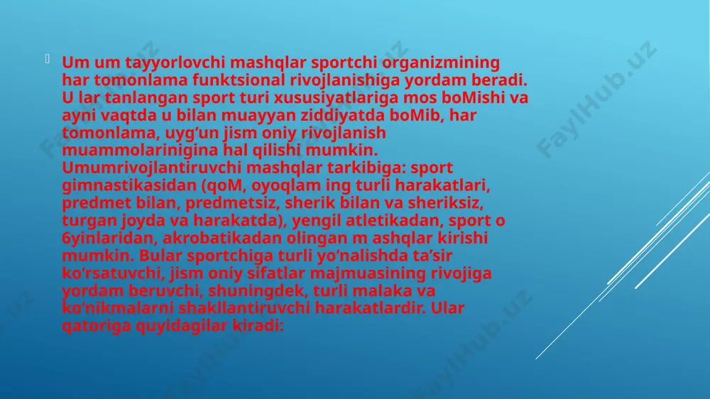 b.). m axsus tayyorlovchi m ashqlar malakali sportchilarning mashg4ulotlari tizimida markaziy o 4rinni egallaydi. bular harakatlam ing muvofiqlash tuzilishi, makoniy, makon — vaqt, ritm hamda energetik tavsiflarga, asab-mushak zo‘riqishlari, jism oniy qobiliyatlarning ko‘proq nam oyon bomishi jihatlaridan musobaqa mashqlariga ancha o'xshash bo‘lgan harakatlardir. masalan, yuguruvchining maxsus tayyorlovchi mashqlari qatoriga tanlangan masofaning kesmalari bo‘yicha yugurish; gim nastikachilarda - musobaqa kombinatsiyalarining element va bogmamlarini bajarish; shtangachilarda shtangani tortish yoki u bilan o‘tirib-turishlarga o ‘xshash mashqlar; futbolchilarda to ‘p bilan va to‘psiz alohida, guruh hamda jam oali harakatlar va kom binatsiyalar kiradi. image1.png image2.jpeg image3.jpeg /docprops/thumbnail.jpeg