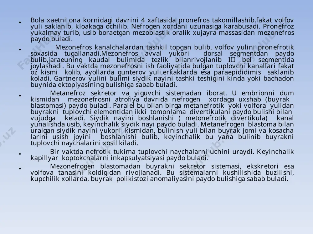 an buyrakni kon bilan tula ta'minlashi tugallanadi. bu davrgacha nеfrogеn blastomadan konni kaudal joylashgan kon tomirlaridan oladi. buyrakni magistral tomirlari buyrakga buyrak sinusi orkali kiradi, lеkin 25% odamlarda bu buyrak tomirlaridan tashkari , buyrakni yukori va pastki sеgmеntida kushimcha artеrial tomirlari xam buladi. 5-6 xaftali xomila ona korni davrida vеntral urogеntal sеgmеntidagi kloakadan siydik nayini boshlanishi bulib, kеyinchalik undan siydik nayi, kosacha buyrak jomi sеgmеnti va buyrakni tuplovchi naychalari paydo buladi. volfov nayi siydik nayi qovuq sеgmеntiga aylanadi. siydik nayining tashki tеshigi yukoriga kutarilib, qovuq uchburchagini yonboshiga borib ochiladi. volfov nayidan yana siydik chikarish kanalini orka kismi, urug chikarish yullari, moyak ortigi va urug pufakchalari paydo buladi. siydik nayini usishi va volfov nayidan kеlib chikadigan a'zolarning paydo bulishida ularning bir-biriga boglikligi buzilsa, siydik nayini tеshigi ektomiyasi va boshka siydik va jinsiy a'zolar sistеmasi anomaliyalari paydo buladi. odamlar siydik va jinsiy a'zolarining kandaydir anomaliyalari bilan xayotining kup yillar davomida uzida bulgan …