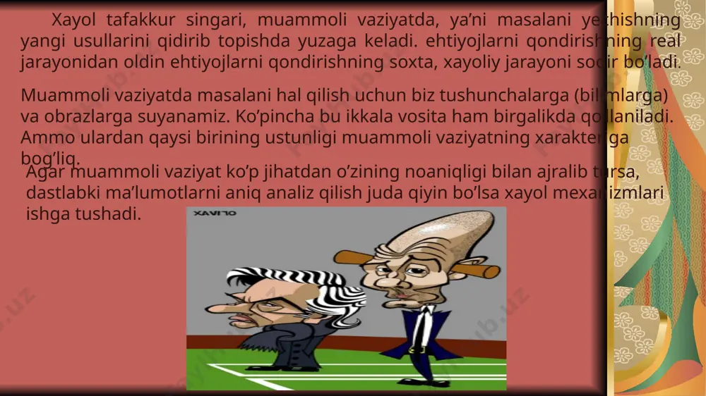 ar yaratish. urg’u berish fantaziya obrazlarini yaratishning yana bir yo’li narsalarning qandaydir sifatlarini, belgilariga urg’u berish, ularga diqqatni turli yo’llar bilan jalb qilishdir. bu usullar ayniqsa satirik jurnallarda ko’p qo’llaniladi. bu usul bilan o’rtoqlik hazillari va turli karikaturalar yaratiladi. sxematizasiya (sxemalashtirish) - biror mavjud narsadan andoza olib, shu andoza asosida obrazlar yaratish. masalan rassomlar turli o’simliklarning obrazi asosida naqshlar yaratadilar. yangi xayol obrazlarini yaratishning yana bir usuli, tipiklashtirish. tipiklashtirishdan badiiy adabiyotda keng qo’llaniladi. bu usul yordamida biror hodisaga, kishilar toifalariga, davrga xos yoki ularda ko’p takrorlanuvchi belgilar ma’lum obrazlarda gavdalantiriladi. etiboringiz uchun rahmat image6.jpeg image7.jpeg image8.jpeg image9.jpeg image10.jpeg image11.jpeg image12.png image1.wmf image2.png image3.png image4.png image5.png