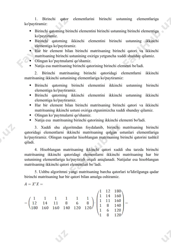 asosiy kapitalga investitsiyalarning yahmdagi ulushi (), qurilishda band bo‘lgan aholi soni () ko‘rsatkichlarining natijaviy belgiga kuchli ta’sir etishi taxmin qilindi va ular omil belgilar sifatida tanlab olindi (2-ilova). korrelyatsion - regression tahlil ishlari gretl 2021a paketidan foydalanib amalga oshirildi. modelda qatnashadigan omil belgilarni saralash uchun natijaviy belgi va omil belgilar o‘rtasidagi korrelyatsiya koeffitsientlari matritsasida tuzildi (2.2.1-javdal). 2.2.1-javdal viloyat qurilish materiallari sanoati ishlab chiqarishiga ta’sir etuvchi asosiy ko‘rsatkichlar buyicha korrelyatsiya matritsasi correlation coefficients, using the observations 2010 - 2021 5% critical value (two-tailed) = 0.5760 for n = 12 y x1 x2 x3 x4 1.0000 0.9819 0.9916 0.9446 0.9918 y 1.0000 0.9854 0.9522 0.9844 x1 1.0000 0.9605 0.9999 x2 1.0000 0.9618 x3 1.0000 x4 x5 x6 x7 x8 x9 0.8068 0.9512 0.9910 0.9454 0.9723 y 0.8397 0.9552 0.9770 0.9866 0.9913 x1 0.7989 0.9666 0.9809 0.9494 0.9862 x2 0.6769 0.9996 0.9437 0.9131 0.9464 x3 0.7969 0.9680 0.9809 0.9474 0.9858 x4 1.0000 0.6833 …