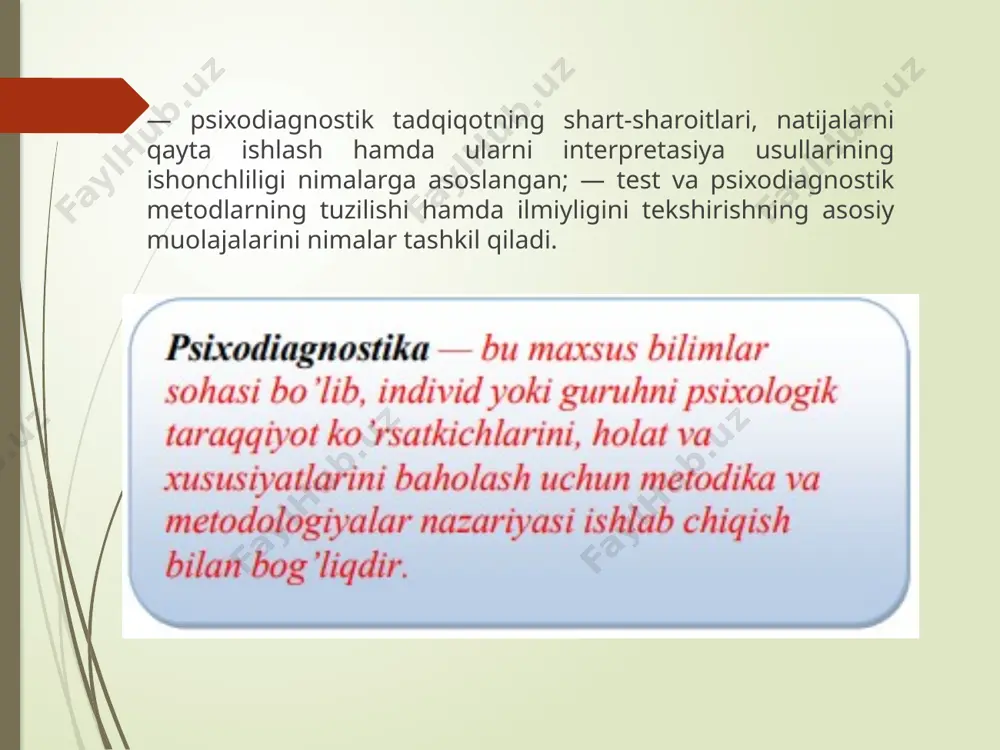 loglarni malakali mutaxassis etib tayyorlash ahamiyatga molik omildir. psixodiagnostika – professional faoliyatdagi maxsus soha sifatida sixologiya fanida “psixologik tashxis qo’yish” so’zining ikki xil tushunchasi mavjud. birinchisi, “psixodiagnostika” – amaliyotda turli psixodiagnostik usullardan foydalanish mumkin bo’lgan psixologik bilimlar doirasini ifodalab, u o’z ichiga tashxis jarayonini amalga oshirishda muhim ahamiyat kasb etadigan quyidagi qator masalalarni qamrab oladi: psixologik xususiyatlar tabiati va ularni ilmiy baholash imkoniyatlarining mavjudligi qanday? psixologik xususiyatlarni aniqlash jarayonida va miqdoriy baholash vaqtdagi umumiy bo’lgan ilmiy asoslar holati qay tarzda? hozirgi vaqtda qo’llanilayotgan psixodiagnostik usullar qabul qilingan umum-ilmiy, metodologik talablarga qanchalik mos keladi? psixodiagnostikaning turli usullariga qo’yiladigan metodologik talablar nimalardan iborat. psixodagnostik metodlarning ilmiyligini tekshirish va ularni yaratish jarayonlari qanday amalga oshadi? ikkinchisi, “psixodiagnostika” – psixologik tashxisning amaliy jihati bilan bog’liq bo’lgan psixologning maxsus faoliyat doirasini o’z ichiga qamrab oladi. psixologning psixodiagnostik metodlarni muvaffaqiyatli va malakali o’zlashtirilishidagi ayrim amaliy shart-sharoitlarni yaratish hamda ularga rioya qilish zarurati; psixodiagnostik doirada faoliyat ko’rsatadigan …