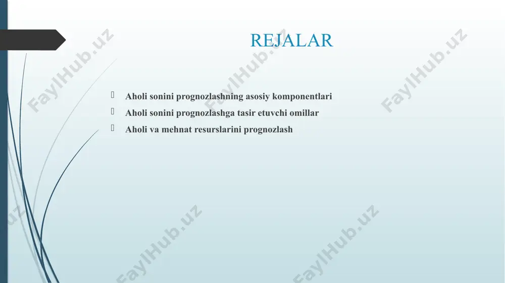 araqqiyoti va boshqalar rejalashtiriladi. shu tahlil demografik prognozlar ijtimoiy taraqqiyot va hayot darajasini oshirish prognozlari bilan izchil boglangan. aholi sonini prognozlashning asosiy usullari aholi sonini prognozlashning asosiy usullaridan biri komponentlar usuli hisoblanib, uning mohiyati asosiy komponentlarning kelajak dinamikasi, ya‘ni tugilishlar va ulishlar soni, hududga kuchib kelishlar va kuchib ketishlar sonini jamlashdan iborat. butun mamlakat miqyosida aholi sonini prognoz qilishda dastlabki ikki komponent yetarlidir. aholi sonini prognozlashga tasir etuvchi omillar “aholi harajati”ni prognozlashda uning komponentlariga ta‘sir qiluvchi omillar yoki boshqacha qilib aytganda, tugilish, ulim migratsiyasi darajasiga ta‘sir qiluvchi omillarni hisobga olish alohida ahamiyatga ega. aholining kelajakdagi soni asosan tug’ilish darajasiga bog’liq. shuning uchun dastlab unga qanday omillar ta‘sir qilishini o’rganish lozim. bu yerda tug’ilishni oshiruvchi va kamaytiruvchi omillarni alohida belgilash mumkin. tug’ilish darajasini oshiruvchi asosiy omillar deb odatda, maktabgacha tarbiya muassasalari va uy - joy qurish jarayoni taraqqiyotiga aytishadi. aholi sonini prognozlashga tasir etuvchi omillar omillar qatoriga moddiy ta‘minlanganlakni ham qo‘shish …