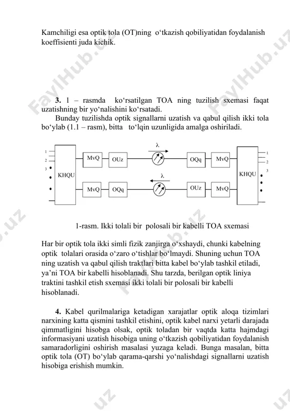 anish koeffisienti boshqa an'anaviy tuzilgan optik tizimlarning liniya traktiga nisbatan n marta oshadi. λ1 λ1 λn λn 3-rasm. to‘lqin uzunligi bo‘yicha zichlashtirilgan toa tizimining tuzilish sxemasi optik tashuvchilarni birlashtirish va ajratish uchun turli optik spektral qurilmalar optik multipleksor va demultipleksorlar qo‘llanilishi mumkin. ularning ishi fizik optikaning dispersiya, difraksiya va interferensiya xodisalariga asoslangan. optik multipleksor va demultipleksorlar optik prizma, ko‘p qatlamli dielektrik, difraksion panjara asosida tuzilishlari mumkin. 6 . toa liniyalarini quyidagi zichlashtirish usullari mavjud: vaqt bo‘yicha, chastota va to`lqin uzunligi bo‘yicha. i.vaqt bo‘yicha zichlashtirish. bu usulda bir necha informatsion oqimlarni bitta oqimga birlashtirish nazarda tutiladi. birlashtirish elektrik signallar va optik signallar darajasida amalga oshirilishi mumkin. elektrik signallar darajasida vaqt bo‘yicha zichlashtirilgan toat liniya traktining tuzilish sxemasi 4-rasmda ko‘rsatilgan. bq оuz оqq аq а' в' а в ot 4-rasm. elektrik signallar darajasida vaqt bo‘yicha zichlashtirilgan toa tizimining liniya trakti. ii. chastota bo‘yicha zichlashtirish. chastota bo‘yicha zichlashtiriladigan toa liniyalarida turli axborot manbalarining …