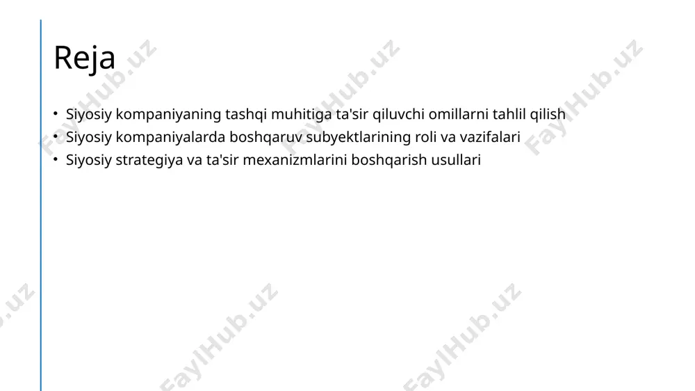 ikri siyosiy kompaniyalarning qarorlarini belgilaydi. ommaning ehtiyojlari va talablari siyosiy yo'nalishlarni aniqlashda asosiy rol o'ynaydi. 3 demografik o'zgarishlar demografik o'zgarishlar siyosiy kompaniyalar uchun muammolar va imkoniyatlar tug'diradi. aholining tarkibiy o'zgarishi strategik rejalashtirishni talab qiladi. siyosiy kompaniyalarga iqtisodiy sharoitlar ta'siri. 1 iqtisodiy omillar iqtisodiy omillar siyosiy kompaniyalarning resurslarni taqsimlashi va investitsiyalariga ta'sir qiladi. bu omillar kompaniya strategiyasini shakllantirishda muhim rol o'ynaydi. 2 bozor sharoitlari bozor sharoitlari siyosiy kompaniyalarning raqobatbardoshligini belgilaydi. mahsulot narxlari va talab o'zgarishlari kompaniya faoliyatiga bevosita ta'sir etadi. 3 moliya ko'rsatkichlari moliya ko'rsatkichlari, jumladan, valyuta kurslari va inflyatsiya, kompaniyalarning moliyaviy barqarorligini va uzoq muddatli rejalanishini ta'minlaydi. texnologik taraqqiyotning siyosiy kompaniyalarga ta'siri. 1 raqamli innovatsiyalar raqamli texnologiyalar siyosiy kompaniyalar uchun strategiyalarni optimallashtirishga yordam beradi, axborot oqimini tezlashtiradi va ta'sir doirasini kengaytiradi. 2 loyihalash vositalari zamonaviy loyihalash vositalari siyosiy yetakchilarga strategik qaror qabul qilishda yordam berib, samaradorlikni oshiradi va ma'lumotlarni tahlil qilish imkonini beradi. 3 ijtimoiy media taqdirlash ijtimoiy media platformalari …