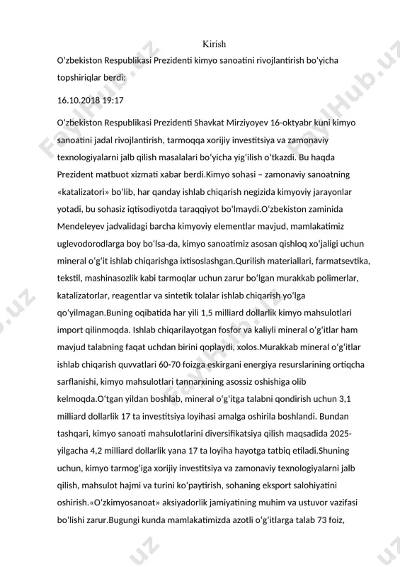‘yicha 8 ta loyihani amalga oshirish ko‘zda tutilmoqda.prezidentimiz mutasaddi rahbarlarga ushbu loyihalarni amalga oshirish uchun xorijiy investorlarni jalb qilish bo‘yicha topshiriqlar berdi.kimyo sanoatida yirik investitsiya loyihalarini amalga oshirish uchun tizimning moliyaviy barqarorligini ta’minlash lozim. shu bois yig‘ilishda «o‘zkimyosanoat» aksiyadorlik jamiyatining moliyaviy ahvolini yaxshilash yuzasidan ko‘rsatmalar berildi. shu bilan birga, sohaga innovatsiyalar umuman joriy qilinmagani, ilm-fan salohiyatidan samarali foydalanilmayotgani tanqid qilindi. shuning uchun koreya kimyo-texnologiyalari ilmiy-tadqiqot instituti (krict) bilan hamkorlikda toshkent kimyo texnologiya ilmiy-tadqiqot instituti negizida ilmiy-tadqiqot, loyihalash va muhandislik, kadrlar tayyorlashga ixtisoslashgan markaz barpo etishni tezlashtirish zarurligi ta’kidlandi kaliy (arab, al-kali — potash; lot. kalium), kaliy — mendeleyev davriy sistemasining i guruhiga mansub kimyoviy element. ishqoriy metall, tartib raqami 19, atom massasi 39,0983. ikkita barqaror izotop - 3"k(93,259%), 4|k(6,729%), shuningdek, radioaktiv izotop 40k(t|/2= 1,32- 10" y.)dan iborat. ingliz fizigi va kimyogari kaliy devi 1807 yilda metallarni olish maqsadida ishqorlarni elekti to’ki tasirida parchalash tajribasini o’tkazib ajoyib natijalarni oldi.u kaliyni olish …