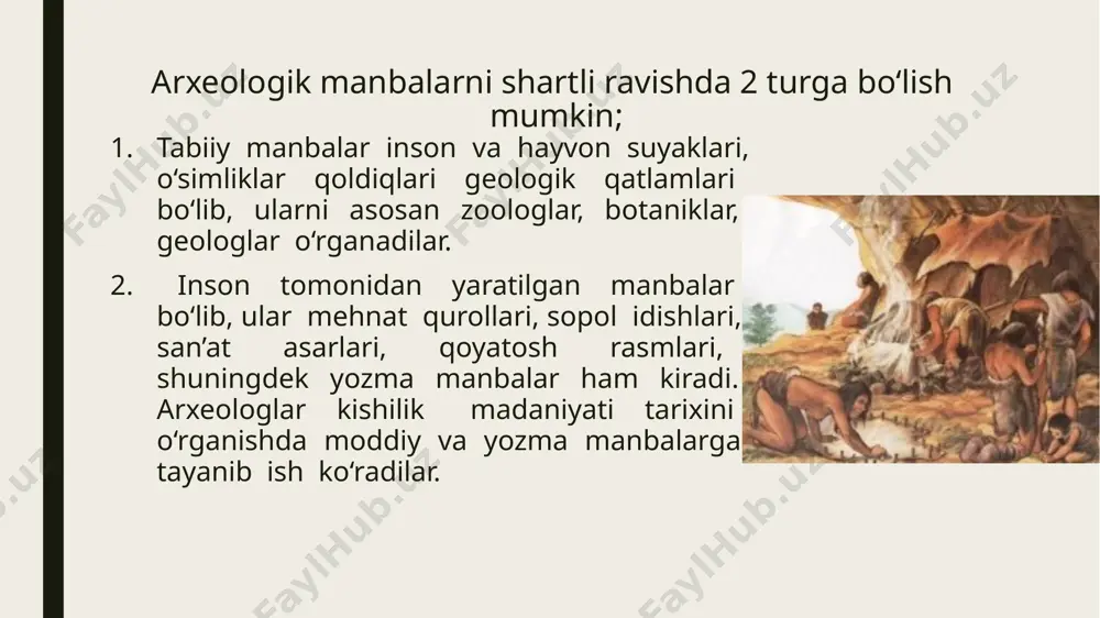 shlari natijasida aniqlanadi. shurf aslida nemischa so‘z bo‘lib, o‘zbek tilida qaziyman degan ma’noni bildiradi. shurf solish deganda yodgorliklardagi dastlabki qazish ishlari tuchunilib, madaniy qatlamni aniqlash va yodgorliklar haqida dastlabki ma’lumotlarni olishdir. shurf ko‘pincha kvadrat va to‘g’ri to‘rtburchak shakllarida bo‘lib, uning chuqurligi va kengligi madaniy qatlamga qarab har xil bo‘lishi mumkin. keng ko‘lamda qazish natijasida madaniy qatlam to‘la ochilib, inson faoliyati izlari bo‘lmagan yergacha kovlab tushiladi, arxeologiyada u materik—bezovta qilinmagan yer deb ataladi. arxeologiya fani vazifalari. qadimiy yodgorliklar o‘zbek xalqi ma’naviyati, qadriyatlari tarixidan darak beruvchi ashyoviy dalillar hisoblanadi. shu o‘rinda ajdodlarimizning tarixini arxeologik yodgorliklar misolida targ’ib etish va uning tarbiyaviy ahamiyatini ko‘rsatish juda muhimdir. shu bilan birga, mamlakatimiz xududida joylashgan arxeologik yodgorliklar va ulardagi topilmalar yosh avlodni komil inson qilib tarbiyalashda, ularning qalbida ko‘hna tarix va madaniyatga hurmat–ehtirom ruhini uyg’otishda katta ahamiyatga egadir. arxeologik yodgorliklar o‘zbekiston madaniy hayotini o‘zida aks ettiruvchi juda muxim omil hisoblanadi. bugungi kunda arxeologiya fani oldida turgan …