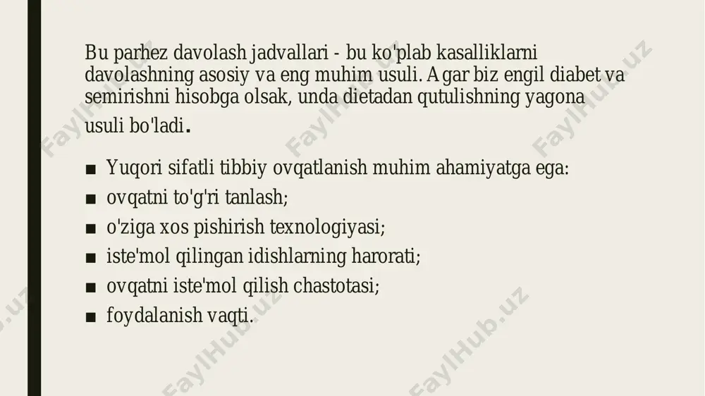 angan go'shtlar, konservalangan mahsulotlar, shuningdek bulonlar (baliq, qo'ziqorin, go'sht) n 7a jadval ■ o'tkir buyrak kasalliklarida ovqatlanish asosan qaynatilgan grated sabzavot va mevalardan iborat. siz kaliyga juda boy bo'lganlarni tanlashingiz kerak, masalan, mayiz, o'rik, quritilgan o'rik. siz don va unga asoslangan idishlarni eyishingiz mumkin, ammo me'yorda. sut qo'shilishi bilan choy ichish, tuzsiz, sariyog 'va shakarsiz oq nonni iste'mol qilish joizdir. ■ a, b, c vitaminlarini kiritish juda muhim. ovqat oz miqdorda bo'lishi kerak, shuningdek dietada suyuqlikni maksimal 800 ml hajmida kiritish kerak tuzni butunlay bekor qilish kerak! ■ agar uremiya juda aniq bo'lsa, oqsilning kunlik iste'molini kamida 25 g gacha kamaytirish kerak, birinchi navbatda, o'simlik oqsili, masalan, dukkakli ekinlar (loviya, no'xat) haqida. bu o'simlik oqsillari hayvonlardan ularning biologik ahamiyatiga ko'ra ancha past bo'lishi sababli juda muhimdir. ■ bundan tashqari, shifokor ko'p miqdorda glyukoza (kuniga 150 g gacha) iste'mol qilishni buyurishi mumkin. n 7b-jadval buyraklardagi o'tkir yallig'lanish pasayganda, ushbu jadvalga e'tibor …