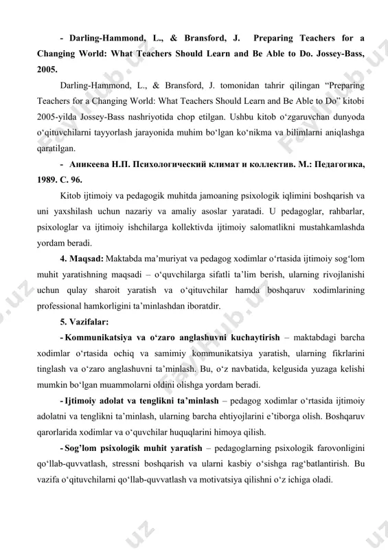 fa o‘qituvchilarni qo‘llab-quvvatlash va motivatsiya qilishni o‘z ichiga oladi. · jamoaviy ish va hamkorlikni rivojlantirish – maktabda pedagoglar va ma’muriyat o‘rtasida jamoaviy ishni rivojlantirish, turli jamoa faoliyatlari, treninglar va seminarlar orqali o‘zaro hamkorlikni mustahkamlash. 6. mavzu yuzasidan xorijiy tajribalarni o‘rganilganligi: avstraliya: avstraliyada o‘qituvchilarni professional rivojlantirishda ijtimoiy-emotsional o‘qitish (sel) muhim ahamiyatga ega. o‘qituvchilarga va maʼmuriyat a’zolariga o‘zaro munosabatlarni yaxshilash uchun o‘quv kurslari, jamoaviy treninglar va mentorlik tizimi joriy etilgan. aqsh: aqshda maktablarda o‘qituvchilar va maʼmuriyatning birgalikdagi ishlashini rag‘batlantirish uchun ishlab chiqilgan maxsus ijtimoiy-emotsional o‘quv dasturi "responsive classroom" deb nomlanadi. bu dastur o‘qituvchilar va maʼmuriyat o‘rtasida hamkorlik, ehtiyotkorlik, hamdardlik va o‘zaro hurmatni rivojlantirishga qaratilgan. "responsive classroom" dasturi ijtimoiy-emotsional o‘qitishni ta’lim jarayoniga integratsiya qilishni maqsad qiladi, bunda o‘qituvchilar o‘rtasida doimiy fikr almashish va jamoaviy ishlarni tashkil etishga alohida e'tibor qaratiladi. dasturning asosiy g‘oyalaridan biri, jamoada o‘qituvchilar va maʼmuriyat o‘rtasidagi muvaffaqiyatli va samarali aloqalarni rivojlantirishdir. o‘qituvchilarga o‘z sinfida ijtimoiy-emotsional o‘quv jarayonlarini qanday olib borish …