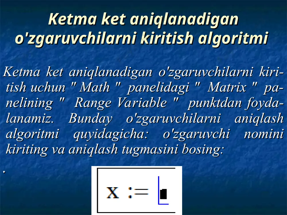 chegarasi 5 absissa o'qining quyi chegarasi 6 absissa o'qining yuqori chegarasi 4 ordinata o'qining yuqori chegarasi " enter" tugmasini bosing; bir nechta grafiklarni hosil qilish bitta grafik sohada bir necha funk-siyani grafigini yasash algoritmi quyi-dagicha:bir necha funksiya nomini kiriting: grafik sohani yarating 1- marker o'rniga funksilar nomi vergul orqali birin ketin o'zgaruvchilar nomi bilan kiritiladi; 2-marker o'rniga o'zgaruv-chilar nomi vergul orqali birin ketin kiritiladi; qolgan markerlar huddi avvalgidek kiritiladi enter" tugmasini bosing f x ( ) x 2 5 - ( ) sin x ( ) × := 2 - 0 2 4 4 - 2 - 2 4 f x ( ) x s t ( ) t 2 := r y ( ) y 3 := 4 - 2 - 0 2 4 4 - 2 - 2 4 s t ( ) r y ( ) t y ,