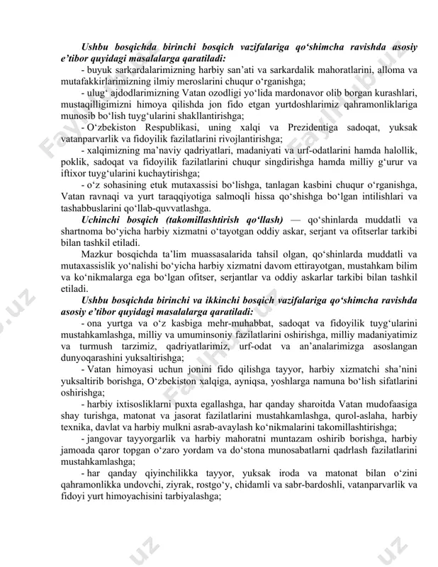 olda sog‘lom va jismonan baquvvat, ruhan barqaror, bilimli, intellektual salohiyati yuksak, vatanparvar, fidoyi, dunyoqarashi keng yoshlar shakllanadi. ushbu bosqichda quyidagi masalalarga: - buyuk tariximiz, ulug‘ alloma va mutafakkirlarimiz, milliy urf-odat, an’ana va qadriyatlarning mohiyatini, ajdodlar boy merosining hayotimizdagi o‘rni va ahamiyatini chuqur tushuntirishga; - qalbida vatan taqdiriga yuksak daxldorlik, milliy o‘zlikni anglash va vatanparvarlik tuyg‘ularini shakllantirishga; - vatan himoyasi muqaddas va harbiylik sharafli kasb ekanligi, jonajon yurti istiqboli va ravnaqi uchun kerakli mutaxassislikni tanlash zarurligiga; - yorqin misollar, adabiy asarlar, kino va teatr spektakllardagi qahramonlar orqali ular qalbida harbiy kasbga bo‘lgan g‘urur va iftixor tuyg‘ularini kuchaytirishga; - harbiy tartib-intizom, odob-axloq, qat’iy ijrochilik, javobgarlik va mas’uliyat tushunchalarini singdirishga; - yoshlarda faol hayotiy pozitsiya va qat’iy e’tiqodni, milliy o‘zlik va muqaddas dinimizdagi yuksak axloqiy mezonlar orqali ularda turli ko‘rinishdagi yot g‘oyalarga nisbatan mafkuraviy immunitetni mustahkamlashga; - o‘quvchilarning turli fan yo‘nalishlari, chet tillari va axborot texnologiyalari, shu jumladan, chaqiruvga qadar boshlang‘ich tayyorgarlik bo‘yicha …
