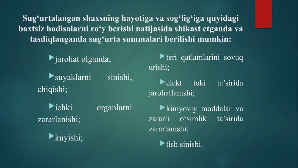 dorasida ishlaydigan xodimlar sug‘urtasi hisoblanib, ushbu sug‘urta turi bilan faqat davlat sug‘urta kompaniyalari shug‘ullanishga haqli. majburiy davlat sug‘urtasi bo‘yicha sug‘urta xizmat haqlari - sug‘urta mukofotlari davlat byudjeti mablaglari hisobidai amalga oshiriladi. davlat majburiy sug’urta turlari transport vositalari egalarining uchinchi shaxslar oldidagi javobgarligi majburiy sug‘urta qilish bu sug‘urta turi bilan o‘ndan ortiq sug‘urtalovchi kompaniyalari tegishli litsenziya olgan. ish beruvchilarning kasbiy javobgarligini majburiy sug‘urta qilish ushbu sug‘urta turi bilan ham o‘nga yaqin sug‘urtalovchi kompaniyalar tegishli litsenziyaga ega. kurilish risklarini majburiy sug‘urta qilish; xorijiy transport vositalari xaydovchilarining fukarolik javobgarligini majburiy sugurta qilish; yo‘lovchilarni majburiy sug‘urta qilish; davlat sud ekspertlarining hayoti va sog‘lig‘ini davlat tomonidan majburiy sug‘urta qilish. transport vositalari egalarini majburiy sug‘urta qilishning asosiy prinsiplari kuyidagilardan iborat: umumiylik; majburiylik; jabrlanuvchilarning xayoti, sogligi yoki mol-mulkiga etkazilgan zararning o‘rni ushbu qonunda belgilangan doirada koplanishi kafolatlanishi 5. ish beruvchining fuqarolik javobgarligini majburiy sug‘urta qilishning zarurligi, ahamiyati va amalga oshirilishi tartibi 2009 yilning 17 aprelida o‘zbekiston respublikasining …