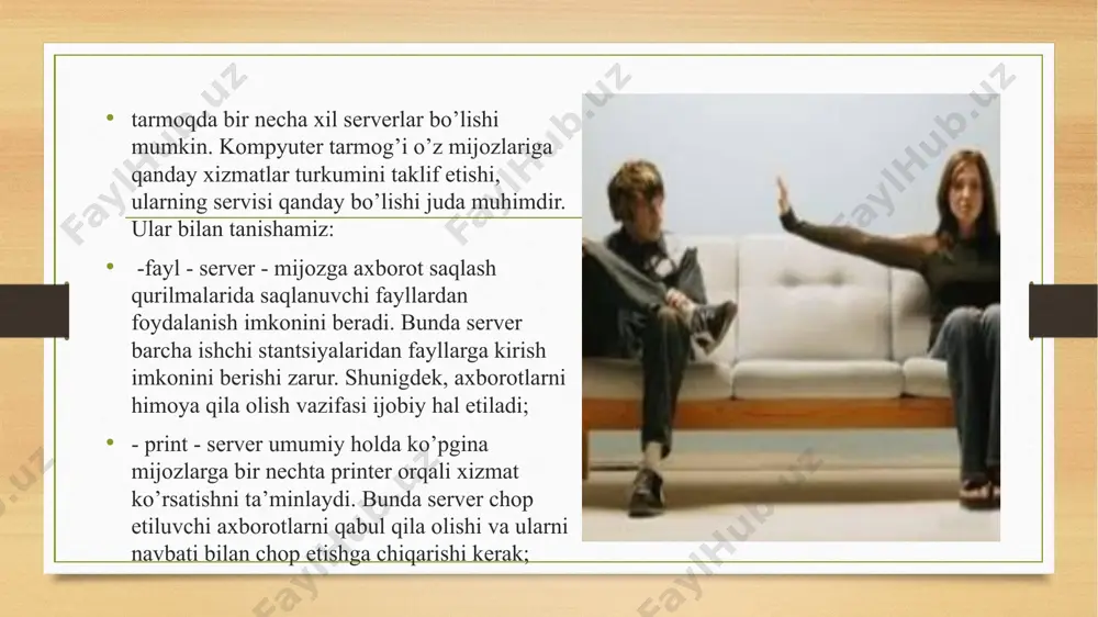 lari bo`lib u ip formatidagi ma`lumotlar paketi qo`llanilishini aniqlaydi. kompyuterning tashqi qurilmalari bilan axborot almashishi jarayonini, kopmyuterning tashqi interfeysi tashkil qiladi. tashqi interfey tashqi portlar, shinalar, kopmyuterlar birlashmasi va tashqi qurilmalar jamlamasidan iboratdi. asosan kopmyuter va tashqi qurilmalarni bir-biriga bog’lashda shinalardan foydalaniladi. kopmyuterga printer, scaner, sichqoncha, klaviatura va shunga o’xshash qurilmalarning kompyuterga ulanishi tashqi interfeysga misol bo’ladi. tashqi interfeysni amalga oshirish uchun unga apparat va dasturiy ta’minot: tashqi qurilmani boshqaruvchisi (controller) va controller ni boshqaruvchi maxsus dastur, drayver (driver) kerak bo’ladi. ieee 1284 (printer port, parallel port, lpt) – shaxsiy kompyuterga ulashga mo`ljallangan xalqaro parallel interfeys standartiga mos tushuvchi qurilma. “ltp” nomi ms dos oilasidagi operatsion tizimdagi “ltp1” (line printer terminal yoki line printer) standart nomidan kelib chiqqan. hozirgi vaqtda bu interfeys asosan usb interfeysi bilan mos tushadi va u yi`g`ma apparatlarni (skaner – printer - kserokopiya) ulashsh uchun ishlatiladi. lekin asosan yuqori tezlikda chop etish va printer uchun ishlatiladi. …