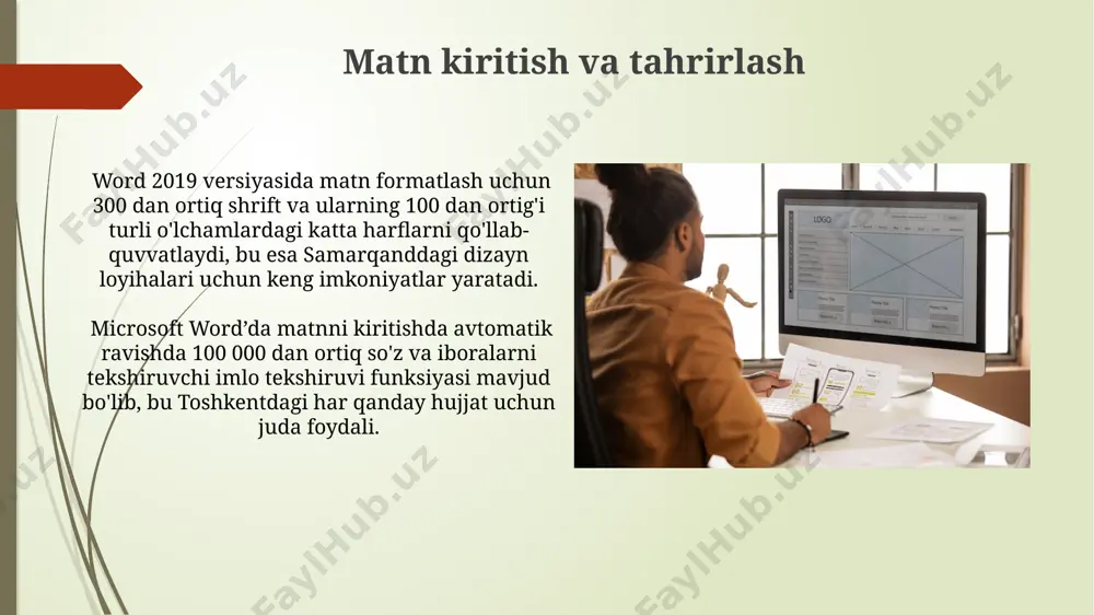 an ortiq belgidan iborat hujjatga 5 ta turli shaharlarga (masalan, toshkent, samarqand, buxoro, xiva, urganch) havolalar qo'shishingiz mumkin, bu esa o'quvchilarga geografik joylarni osonlikcha topish imkonini beradi. hujjat ichidagi 2-bobdan 5-bobga, 3-jadvalga yoki 7-rasmga havolalar yaratish orqali hujjat ichidagi navigatsiyani soddalashtirishingiz va hujjatning mantiqiy tuzilishini yaxshilashingiz mumkin. rasmlar va grafikalarni qo'shish word hujjatiga 3 turdagi grafikalar (ustun, chiziq va tarqalish)ni qo'shgandan so'ng, ularning o'lchamlarini o'zgartirishingiz, shriftlarini 12 dan 16 gacha o'zgartirishingiz va ularni hujjat ichida istalgan joyga joylashtirishingiz mumkin. microsoft word’da 10 mb dan kichik rasm fayllarini, masalan, jpeg yoki png formatidagi rasmlarni, "insert" yorlig'idan "pictures" buyrug'i orqali osongina qo'shishingiz mumkin. bu jarayon toshkentdagi har qanday kompyuterda bir xil amalga oshiriladi. rasm tahrirlash vositalari word 2019 va undan keyingi versiyalarida rasmni tahrirlash uchun avtomatlashtirilgan 3 ta asosiy vosita mavjud: ranglarni to'g'irlash, kesish va ob'ektlarni joylashtirish. bu funksiyalar londonda joylashgan microsoft kompaniyasi tomonidan ishlab chiqilgan. rasm joylashtirish vositalari, masalan, matn atrofida …