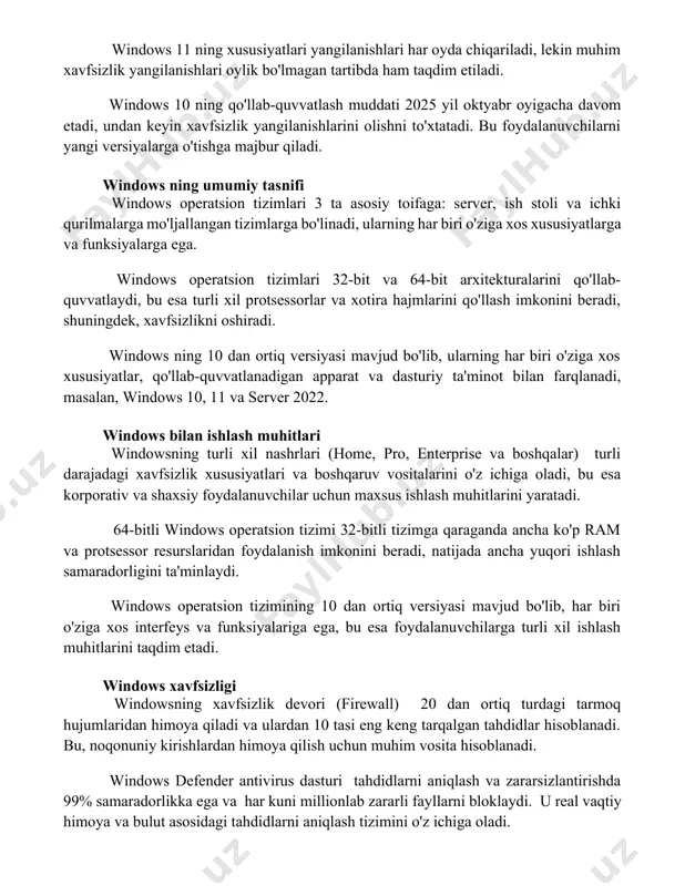 anishlarini olishni to'xtatadi. bu foydalanuvchilarni yangi versiyalarga o'tishga majbur qiladi. windows ning umumiy tasnifi windows operatsion tizimlari 3 ta asosiy toifaga: server, ish stoli va ichki qurilmalarga mo'ljallangan tizimlarga bo'linadi, ularning har biri o'ziga xos xususiyatlarga va funksiyalarga ega. windows operatsion tizimlari 32-bit va 64-bit arxitekturalarini qo'llab-quvvatlaydi, bu esa turli xil protsessorlar va xotira hajmlarini qo'llash imkonini beradi, shuningdek, xavfsizlikni oshiradi. windows ning 10 dan ortiq versiyasi mavjud bo'lib, ularning har biri o'ziga xos xususiyatlar, qo'llab-quvvatlanadigan apparat va dasturiy ta'minot bilan farqlanadi, masalan, windows 10, 11 va server 2022. windows bilan ishlash muhitlari windowsning turli xil nashrlari (home, pro, enterprise va boshqalar) turli darajadagi xavfsizlik xususiyatlari va boshqaruv vositalarini o'z ichiga oladi, bu esa korporativ va shaxsiy foydalanuvchilar uchun maxsus ishlash muhitlarini yaratadi. 64-bitli windows operatsion tizimi 32-bitli tizimga qaraganda ancha ko'p ram va protsessor resurslaridan foydalanish imkonini beradi, natijada ancha yuqori ishlash samaradorligini ta'minlaydi. windows operatsion tizimining 10 dan …