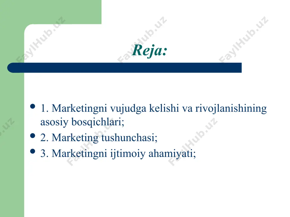 a ko’p ta'riflari berilgan. ulardan ba'zi birlarini keltirishni lozim topdik. taniqli amerika olimi - marketolog f.kotler marketingning ta'rifini quyidagicha ifodalaydi: "marketing - tovarlarni yaratish, taklif etish va ayraboshlash asosida ayrim olingan kishi va guruhlarning talab va ehtiyojlarini qondirishga qaratilgan iqtisodiy va boshqaruv jarayonidir". mashhur iqtisodchi adam smit xviii asrning ikkinchi yarimidayoq o’zining "jamiyat boyligi" nomli kitobida ishlab chiqaruvchining iste'molchining talabini qondirishdan boshqa qayg’usi yo’qdir - deb yozgan edi. "marketing" atamasi amerika qo’shma shtatlarida xix asrning boshlarida vujudga keldi va 50-yillardan boshlab boshqaruvning etakchi omili sifatida qo’llanila boshladi. mutaxassislar marketingning 9 ta asosiy vazifasini koʻrsatib oʻtadilar: rejalashtirish va mahsulotni yaratish; mahsulotning navi va standartlarini belgilash; mahsulot xaridi va uni guruhlashtirish; sotish; omborga joylash; transport xizmati; marketing faoliyatini moliyalash; xatarlar va bozorga oid axborotlar toʻplash. marketingning maqsad va vazifalari marketing sohasidagi adabiyotlarda asosan marketingning to’rtta maqsadi keltiriladi. bular quyidagilar hisoblanadi: 1. mumkin bo’lgan maksimal yuqori iste'molga erishish. 2. iste'molchilarning talabining maksimal qondirilishiga …