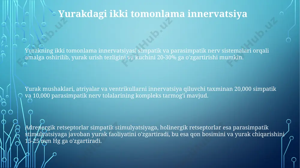 ozik tartibga solinishiga olib keladi, masalan, yurak urish tezligini 70-80 urish/minut oralig‘ida ushlab turish. ikkita innervatsiya tufayli organlarning funksiyalari muvozanatda saqlanadi, bu 20 dan ortiq turdagi neyrotransmitterlarning o'zaro ta'siri orqali amalga oshiriladi. simpatik va parasimpatik ta'sirlarning nisbati organ faoliyatining dinamik tartibga solinishini ta'minlaydi. siydik chiqarish tizimida ikki tomonlama innervatsiya uretral sfinkterlarning ikki tomonlama innervatsiyasi siydik chiqarishni ixtiyoriy va noixtiyoriy nazorat qilishni ta'minlaydi: simpatik innervatsiya sfinkterni siqishni, parasimpatik innervatsiya esa bo'shashishni boshqaradi. buyraklar asosan simpatik innervatsiyaga ega bo'lsa-da (t10-l2 segmentlardan), parasimpatik innervatsiya (vagus nervi orqali) ham mavjud bo'lib, buyrak qon oqimini va renin sekretsiyasini nozik tarzda boshqarishda ishtirok etadi. siydik pufagi devorlarining silliq mushaklarini ikkala parasimpatik (nervus vagus orqali) va simpatik (bachadon-buyrak pleksusi orqali) nerv tolalari innervatsiya qiladi, bu siydik chiqarish jarayonini nozik tartibga solishga imkon beradi. simpatik nerv sistemasining organlarga ta'siri simpatik innervatsiya ter bezlarining faoliyatini susaytiradi, ammo soch follikulalariga birikkan silliq mushaklarni qisqartiradi, natijada tana sovuqlashini kamaytiradi. simpatik nerv …