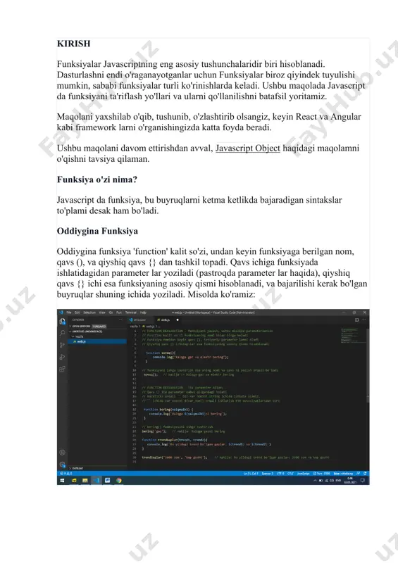 . immediately invoked function expression (iife, o'qilishi 'iffy') iffe anonim function expression hisoblanadi, va funksiya yasalishi bilan darrov o'zi ishga tushadi. iffe ni quyudagicha yozish mumkin: kerak-bolgan-konikmalar yuqorida kod ishga tushganida, funksiya o'zini o'zi ishga tushiradi va console da xabar ko'rinadi. constructor functions javascriptdagi oop (object-oriented programming) ning xususiyatlari biri bu object lar yasashda constructor funksiyadan foydalanishdir. constructor funksiyasi avvaldan belgilab qo`yilgan property va method(pastda misolda ko'ramiz) lar bilan ko'plab object yasash uchun ishlatiladi. misol: constructor funksiyadan ba'zi xulosalar: phone funksiyasi 3ta parameter qabul qiladi, va qachonki new phone orqali yangi object yasalganda, ushbu 3ta parameter yangi object ning property siga aylanadi. (albatta komputerda yozib ko`rib, console da o'zingiz uchun natijani ko'ring) contructor funksiyadan object yasash uchun 'new' kalit so'zi ishlatilishi shart 'this' kalit so'zi phone ga ishora qiladi. ya'ni qachonki iphonex = new phone('apple', 'iphonex', 'black) ishga tushganida, 'apple' parameter phone ning 'make' property si qiymatiga aylanadi. iphonex esa …