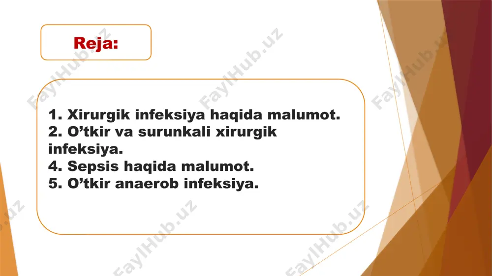 ’tkir va surunkali xirurgik infeksiya. 1. o'tkir xirurgik infeksiya. 1.1. mahalliy o'tkir xirurgik infeksiya: a) o'tkir nospesifik yiringli infeksiya; b) o'tkir chirik (putrid) infeksiya; d) o'tkir nospesifik anaerob infeksiya yoki gazli gangrena (qorason); e) o'tkir spesifik anaerob infeksiya (qoqshol, kuydirgi, jarohat difteriyasi). 1.2. umumiy xirurgik infeksiya: a) o'tkir nospesifik infeksiya b) o'tib ketgan (surunkali) umumiy xirurgik infeksiya. 2. surunkali xirurgik infeksiya: a) surunkali nospesifik infeksiya; b) surunkali spesifik infeksiya (sil, aktinomikoz, zaxm). sepsis sepsis (yunoncha: sepsis — chirish, irish) (qonga mikroblar kirishi, umumiy yiringli infeksiya, qonga yiring tushishi) sepsis rivojlanishiga, birinchidan, yiringli jarayonni keltirib chiqargan mikroblar virulentligi (kasallik qoʻzgʻatishi)ning yuqoriligi, ikkinchidan, bemorning ozib ketishi, vitamin yetishmasligi va boshqa kasalliklar oqibatida organizm himoya kuchining pasayib ketishi sabab boʻladi. sepsisning eng ogʻir turida mikroblar qonda koʻpayib, uni oʻz zaharli mahsulotlari (toksinlar) bilan zararlaydi, qizil qon hujayralari (eritrotsitlar) ni yemiradi. sepsisning bu turida gavda temperaturasi 39—40° gacha koʻtariladi, bemorning eti uvushadi, bu gʻarqgʻarq …