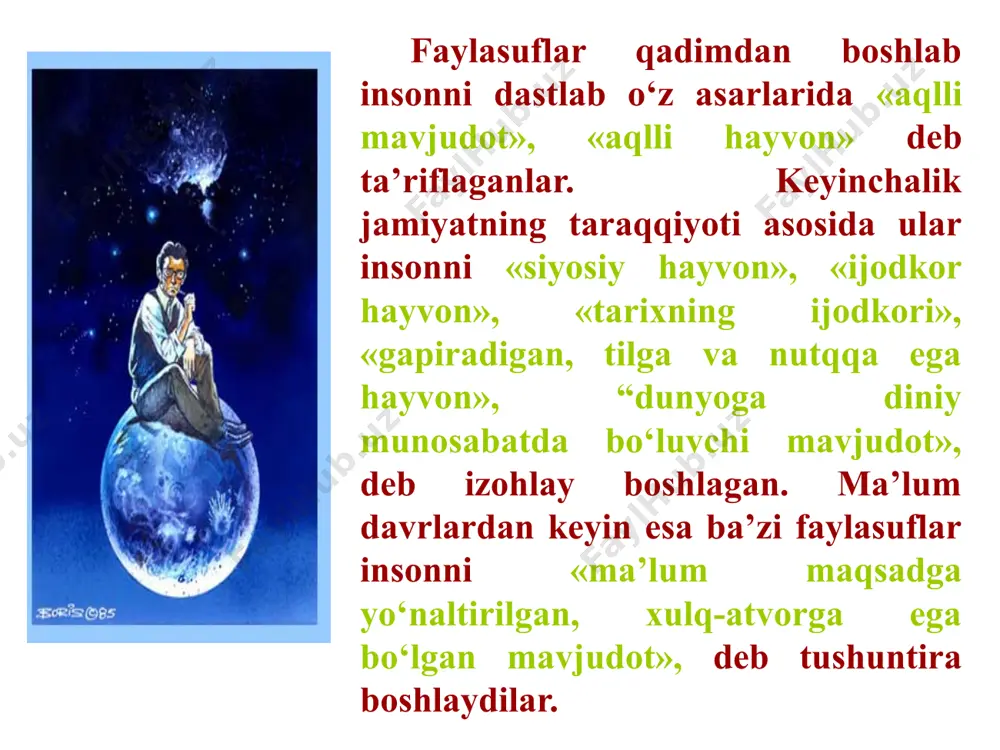 ushunchasiga yanada torroq ma’no yuklanadi, chunki ayni holda inson uning barcha ijtimoiy sifatlari bilan jamuljam holda olinadiki, bu faqat ijtimoiy munosabatlarning u yoki bu tizimini nazarda tutgan holda shaxs to‘g‘risida so‘z yuritish imkonini beradi. hayotning mazmuni va insonning vazifasi inson hayotning tezoqarligini yodda tutishi, uning shomini kuzatishi, odamzot hayotining bebaholigi haqida o‘ylashi, o‘lim haq ekanligini unutmasligi lozimligi haqidagi fikrlarga biz falsafa fani shakllanish jarayonining ilk bosqichidayoq, g‘arb falsafiy an’anasida ham, sharq falsafasida ham duch kelishimiz mumkin. hayotning mazmuni muammosi har bir inson qarshisida ertami-kechmi ko‘ndalang bo‘ladi va u o‘ziga aniq va uzil-kesil javob topish mumkin bo‘lmagan savollarni beradi. «bu dunyoda nima uchun yashayapman?», deb so‘raydi o‘zidan inson va agar bu savolga o‘zi javob bermasa, o‘z hayotiga muayyan mazmun baxsh etmasa, bu ishni uning o‘rniga hech kim va hech qachon bajarmasligini vaqt o‘tishi bilan anglay boshlaydi. abadiyat qarshisida, o‘lim qarshisida har kim oxir-oqibatda o‘zi bilan o‘zi tanho qoladi. insonning vazifasi muayyan …