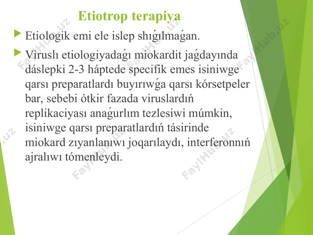 lardı emlegende úlken orın sidik aydawshı dárilerge qaratıladı. kúshli baslanǵanda ókpe isiginde laziks v/ i 2-4 mg/ kg kúnlik dozada jiberiledi, sonı aytıp ótiw kerek onıń birinshi dozası kúnliktiń ½-1/3 bólimin qurawı múmkin. keyin ala júrek jetispewshiliginiń kórinisine qarap furosemidti bulshıq et ishine yamasa ishiwge beriwge ótiledi(ortasha 0,5-2 mg /kg). júrek jetispewshiliginiń ii b basqıshında furosemid yamasa uregit minimal dozalarda buyırıladı(1 mg/kg). bul preparatlar bir waqıtta kaliy saqlawshı preparatlar veroshpiron(1-4 mg/ kg 4 mártege bolip), brinaldikslar (1 mg/ kg) menen birge beriliwi kerek. emlew júrek jetispewshiligi basqıshlarına baylanıslı karditlarda diuretiklardı tómendegi rejede beriw keńes etiledi: - shep qarınsha jetispewshiliginiń i-ii a basqıshlarında-veroshpiron, - shep qarınsha jetispewshiliginiń i-ii a basqıshında - oń qarınsha jetispewshiliginiń i-ii b basqıshlarında furosemid+veroshpiron ishiwge, - total ii b-iii basqıshlarında furosemid yamasa laziks b/ i, v /i veroshpiron menen qosıp, effekt bolmaǵanda brinaldiks yamasa uregit qosıladı, bul waqıtta furosemidti brinaldikstan 30-60 min keyin beriw maqsetke muwapıq. emlew …