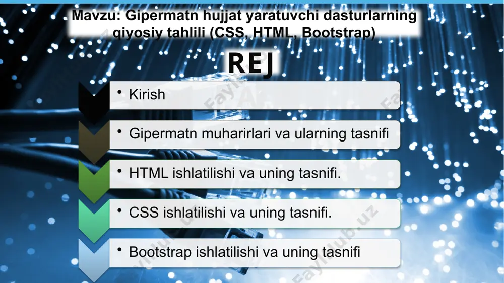 ugungi kunda dunyo bo’yicha keng tarqalgan gipermatn muharrirlari quyidailardan iborat: css, html, php, net, ajax, java script. bu dasturlarning barchasi o’ziga xos hususiyatlariga ega va ularning ham barchasini asosini html tashkil etadi. web sahifalar html - "gipermatnlarni belgilash tili"da yozilgan hujjat sifatida tayyorlanadi. kalit so’zlar deb nomlangan so’zlar orqali boshqa ma'lumotlarga murojaat qilish-gipermurojaat deyiladi. bunday giperaloqalar faqat so’zlar emas, balki tasvirlar, grafiklar va ularning qismlari orqali amalga oshirilishi mumkin. gipermatnli hujjatlarni qidirish, topish va ekranda tasvirlash uchun sharxlovchi-brouzerlardan foydalaniladi. sayt yaratuvchi dasturlarning barchasi bir-biriga bog’liqdir. to’g’ri bu kabi dasturlarning biri bor bo’lsa ham sayt yaratishimiz mumkin. biroq bu kabi saytlar ko’rinishi jixatdan unchalik odamlarni o’ziga jalb qilmaydi va juda ham oddiy ko’rinishda bo’ladi. lekin bu kabi sayt yaratuvchi dasturlarning barchasini asosini html tashkil etadi. html ishlatilishi va unin tasnifi html nima ? html standart web sahifa yaratish tilidir. html kengaytmasi hiper text markub language(gipermatn belilash tili) html belgilash yordamida veb-sahifalar …