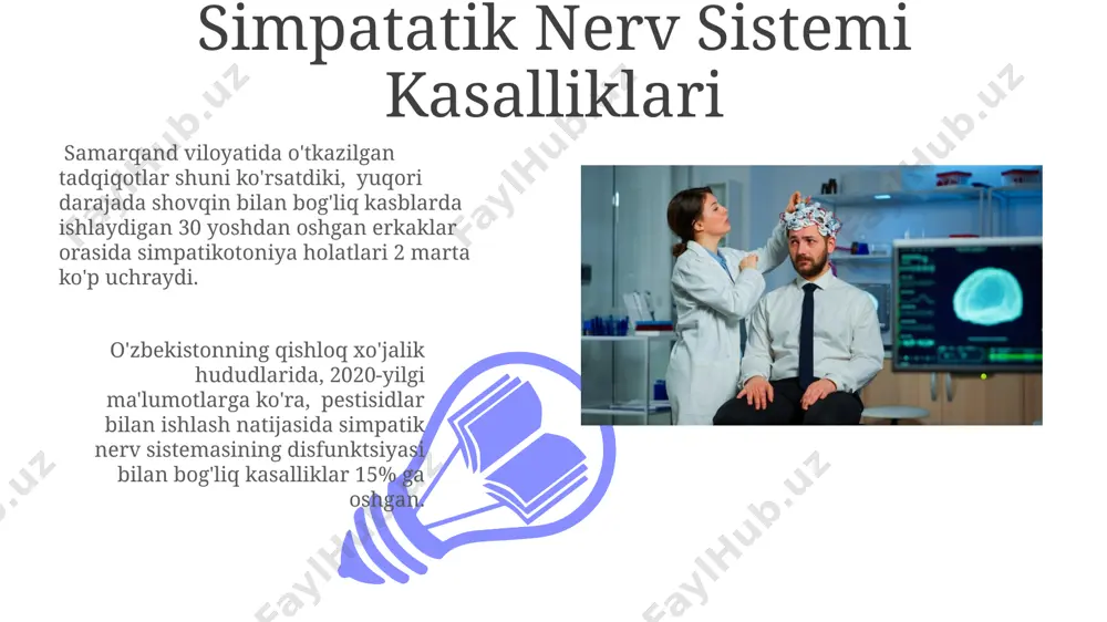t vegetativ nerv sistemasining kasalliklari yiliga 15 milliondan ortiq odamni, shu jumladan, 30% dan ortig'i o'zbekiston aholisini qamrab oladi va ko'pincha stress bilan bog'liq. markaziy osiyoda, xususan toshkentda, vegetativ nerv sistemasining kasalliklari bilan bog'liq 500 dan ortiq turli xil alomatlar kuzatilgan bo'lib, ular davolashni murakkablashtiradi. vegetativ-visseral sindromlar vegetativ-visseral sindromlar diagnostikasida, samarqanddagi klinikalarda qoʻllaniladigan, yurak ritmini kuzatish va tahlil qilish usullari, 90% hollarda aniq natijalar beradi, bu esa davolash jarayonini yaxshilashga yordam beradi. vegetativ-visseral sindromlar, ayniqsa, 30-50 yosh oraligʻidagi ayollar orasida, toshkent kabi yirik shaharlarda ifloslangan muhit taʼsirida koʻproq uchraydi va bu kasallikning kelib chiqishida genetik omillar ham muhim rol oʻynaydi. toksik neyropatiyalar toksik neyropatiyaning og'ir shakllari, masalan, organofosfat insektitsidlari ta'siridan kelib chiqqan holatlar, markaziy asab tizimiga jiddiy zarar yetkazishi mumkin, bu esa 100 ming kishidan 3-5 nafari o'limga olib kelishi mumkin. o'zbekistonda o'tkazilgan tadqiqotlar shuni ko'rsatdiki, 2022-yilda kimyoviy moddalar bilan ishlaydigan 500 dan ortiq ishchi toksik neyropatiya alomatlarini ko'rsatgan, ularning …