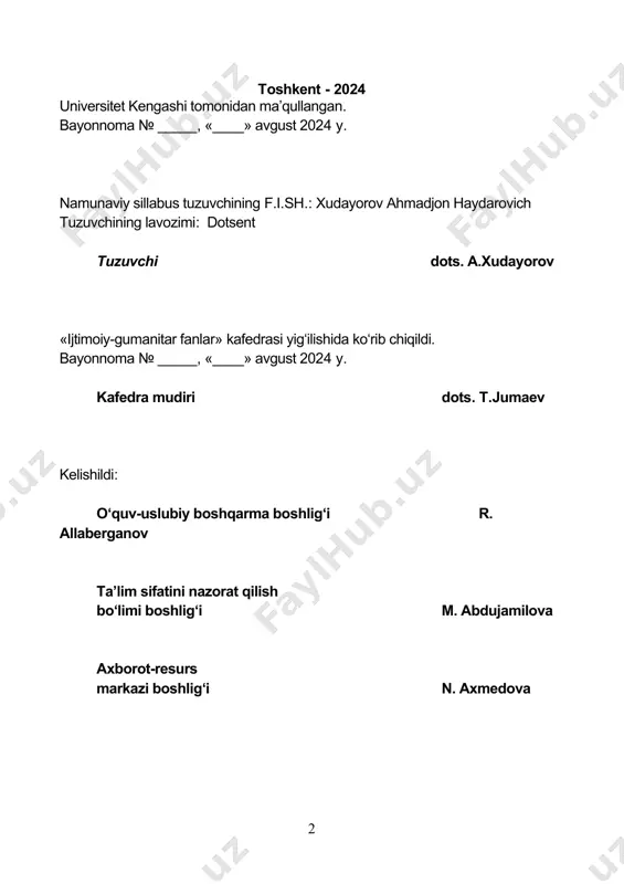 6 yillarga moʼljallangan yangi oʼzbekistonning taraqqiyot strategiyasi mohiyatini yetkazib berishdan iborat. fanning maqsadi: o‘zbekiston jahon sivilizatsiyasi taraqqiyotiga katta hissa qo‘shgan hududlardan biri, o‘zbek xalqi boy tarixiy o‘tmish va bebaho ma’naviy merosga egaligi, mustaqillik yillarida o‘zbekiston respublikasida yuz bergan muhim o‘zgarishlar, tub islohotlarning mazmun-mohiyatini ko‘rsatib berish va jamiyat hayotida, ijtimoiy turmush tarzida ma’naviyatning asosi bo‘lmish tarix fanining o‘rnini talaba yoshlarga o‘zlikni anglash vositasi sifatida, shuningdek, o‘zbekiston rivojlanishining yangi bosqichida barkamol avlodni tarbiyalashda, shaxs, fuqaro, inson, jamiyat va davlat tamoyili mohiyatini yetkazib berishdan iborat. o‘zbekiston respublikasi xalqlarning xalqaro hamjamiyatidagi o‘rni va roli ko‘rib chiqiladi. fanning vazifalari: fannining asosiy maqsadi talabalarda analitik tafakkurni rivojlantirishdan iborat bo‘lib, ularda dunyo taraqqiyoti kontekstida o’zbekiston tarixi va rivojlanish strategiyasi to‘g‘risida har tomonlama tushuncha hosil qilgan holda o‘zbek xalqi bilan bog‘liq tarix va zamonaviy voqealarni tanqidiy tahlil qilish imkonini beradi. bilim, ko'nikma, malaka va malakalarga qo'yiladigan talablarga quyidagilar kiradi: 1. bilim: o’zbekiston tarixi va rivojlanish strategiyasining asosiy bosqichlari …