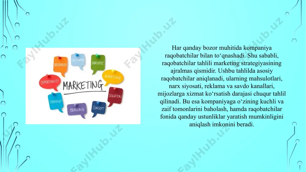 z strategiyasini shu asosda shakllantiradi. bu usul raqobat ustunligini aniqlashda keng qo‘llaniladi. stp modeli marketing strategiyasini tuzishda qo‘llaniladigan muhim yondashuvdir. segmentatsiya – bozorni ehtiyoj va xulq-atvoriga ko‘ra bo‘lish, maqsadli bozor – eng istiqbolli segmentlarni tanlash, joylashtirish esa – mahsulot yoki xizmatni ushbu segment ongida qanday o‘rnatishni belgilaydi. ushbu tahlil usuli kompaniyaga resurslarini optimal taqsimlash, mijozlarga mos mahsulotlar taklif qilish va raqobatbardosh pozitsiyani egallashda muhim rol o‘ynaydi. benchmarking – bu raqobatchilarning faoliyatini chuqur o‘rganish va eng yaxshi amaliyotlarni aniqlash orqali o‘z faoliyatini takomillashtirish usulidir. bu tahlil orqali kompaniya raqobatchilar qaysi sohada kuchli ekanligini aniqlaydi, ularning marketing strategiyasini tahlil qiladi, reklama kampaniyalari, narx siyosati, mijozlarga xizmat ko‘rsatish sifati va boshqa ko‘rsatkichlarni o‘z amaliyoti bilan solishtiradi. benchmarking orqali o‘rganilgan yutuqlar asosida kompaniya o‘z strategiyasini yangilaydi va rivojlanish yo‘nalishini aniqlaydi. veb-analitika – bu kompaniya saytiga tashrif buyuruvchilarning harakatlarini o‘rganishga mo‘ljallangan tahlil usulidir. eng mashhur vosita – google analytics bo‘lib, u foydalanuvchilarning saytga qayerdan kelgani, …