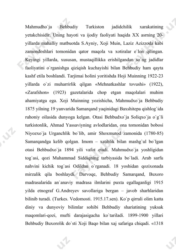 hijriyada tavofi baytullog`a kavkaz yo`li ila istambul va misr al-+ohira vositasi-la borib edim. muddati safarim 8 oydan ziyoda cho`zulib edi»-deb yozadi o`zi. «oyna» j. 1914 y. 31 sonida. olimning dunyo kezishi, kuzatishi izsiz ketmaydi. safar yangi maktab haqidagi qarashlarini mustahkamlaydi. uning tashabbusi bilan 1903 yilda samarqand yaqinidagi halvoyi (s.siddiqiy), rajabalik (a.shakuriy) qishloqlarida yangi maktablar tashkil topadi. adib ushbu usuli savtiya maktablari uchun darsliklar tuzishga kirishadi. uning ketma-ket 1904 yili «risolai asbobi savod», 1905 yili «risolai jug`rofiyai umroniy», «risolai jug`rofiyai rusiy», 1908 yili «kitobat-ul atfol», «amaliyoti islom», 1909 yili «tarixi islom» kabi kitoblari nashr etiladi. mahmudxo`ja 1903-1904 yillarda moskva, peterburgga borib keladi. 1906 yilda +ozon, ufa, nijniy novgorodda bo`ladi. bular sayohat emas hizmat safari edi. u nijniy novgorodda 1906 yilning 23 avgustida rusiya musulmonlarining turmush madaniyati muammolariga bag`ishlangan qurultoyda turkistonliklar guruhini boshqaradi va katta nutq so`zlaydi. ma`rifat uchun birgina maktab kifoya qilmaydi. zamon va dunyo voqealari bilan tanishib bormoq, millat va …