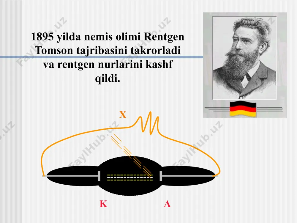 adi va -1/2 (-0,5) qiymat beriladi. spin so’zi inglizchadan olingan bo’lib, aylanmoq, aylantirmoq degan ma’noni bildiradi. spin kvant soni elektronlarning hususiy holatini bildiradi. 1898 yilda bekkerel radioaktivlikni kashf qildi β α γ - + o’z-o’zidan nurlanish hodisasi – radioaktivlik deyiladi. 1896 yilda mariya va p’er kyurilar radioaktiv elementlarni kashf qildilar. p’er kyuri mariya kyuri radioaktivlikning meditsinada ahamiyati radioaktiv nurlardan rak, o’sma kasalliklarini, yodning radioaktiv izotopidan buqoq kasalliklarini davolashda foydalaniladi. krossvord savol bo’yiga: 1.katod nurlarini kashf qlgan olim. 2. radioaktivlikni kashf etgan olim. 3. tomson tajribasini takrorlagan olim. 4. katod nurlari qaerga yo’nalgan? eniga: 5. davriy sistemani tuzgan olim. 1 2 3 4 5 t o m s o n b e k k r e l r e n t e n a n o d e l e v e e g yadro reaksiyalari deb bir element atomiga elementar zarrachalar (neytronlar, protonlar, deytronlar, -zarrachalar, elektronlar, pozitonlar) ta’sir ettirib, yoki …