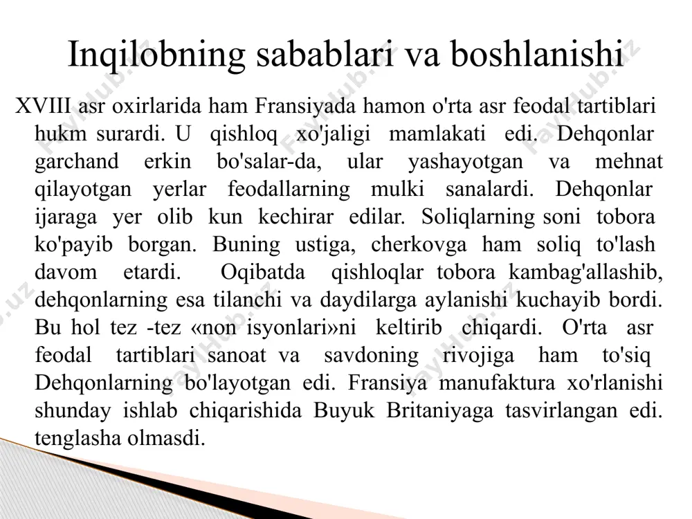 davlat to'ntarishi tayyorladilar. napoleon bonapart bunga rozilik berdi. ular 1799-yil 9-noyabrda konventni konsullik deb ataluvchi hukumat tuzishga majbur etdilar. uning tarkibi 3 kishidan iborat edi va ularning har biri «fransiya respub-likasining konsuli» unvoniga ega boiishdi. uch konsuldan biri napoleon bonapart edi. aslida butun hokimiyat uning qo'lida to'plandi. buyuk fransuz burjua inqilobining tarixiy ahamiyati. gap fransuz burjua inqilobi haqida ketganida, unga nisbatan «buyuk» so'zi qo'shib qo'llaniladi. chunki bu inqilob o'rta asr feodal tartiblarini to'la bekor qildi. kishining kishiga shaxsan qaramligini tugatdi. monarxiyaning hech qanday ko'rinishi bilan murosa qilmadi. fransiyada respublika tuzumi qaror topdi. angliya burjua inqilobi burjuaziya va zodagonlar kelishuvi bilan yakunlangan bo'lsa, fransiyada burjuaziya zodagonlarni yengdi. eski jamiyat va davlat tuzumini to'la buzib tashladi. sanoat to'ntarishi uchun sharoit hozirladi. image1.jpeg /docprops/thumbnail.jpeg