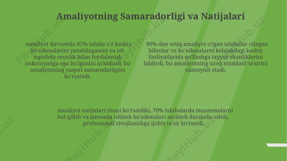 vvatlash kerak. amalyot davomida 15 dan ortiq turli xil texnologiyalar bilan ishlash imkoniyati yaratildi, bu esa talabalarning amaliy ko'nikmalarini 20% ga oshirdi. kelajakdagi rejalar va takliflar amaliyotning samaradorligini oshirish uchun 2024-yilga qadar 5 ta yangi sherik tashkilot bilan hamkorlikni yo'lga qo'yish va amaliyot dasturini xalqaro standartlarga moslashtirish taklif etiladi. talabalarning amaliy ko'nikmalarini yanada rivojlantirish maqsadida, amaliyot muddatini 2 oydan 3 oyga uzaytirish va qo'shimcha 10 ta yangi amaliyot bazasini jalb qilishni taklif qilamiz. amaliyot davomida olingan bilimlarni baholash tizimini takomillashtirish maqsadida, onlayn baholash platformasini joriy etish va har bir talaba uchun individual baholash ko'rsatkichlarini (kpi) ishlab chiqish zarur deb hisoblaymiz. amaliyot materiallari va hujjatlari amaliyot materiallari sifat jihatidan 15 dan ortiq turdagi namunalarni, shu jumladan, 5 xil metall va 10 xil polimer materiallarini o'z ichiga oladi. amaliyot davomida olingan ma'lumotlar 10 ta jadval va 5 ta grafik ko'rinishida hujjatlashtirilgan bo'lib, har birining aniqligi 95% dan yuqori. hujjatlar to'plami amaliyotning har …