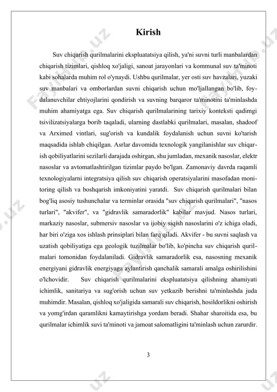 tasdiqlanadi. masalan, quyosh energiyasi bilan ishlaydigan nasoslarning muvaffaqiyatli tadqiqotlari ularni uzoq hududlarda barqaror suv echimlarini ta'minlash qobiliyatini ko'rsatadi. muhandislik, atrof-muhit fanlari va iqtisodiyot kabi fanlararo yondashuvlar suv chiqarish bilan bog'liq muammolarni hal qilish uchun zarurdir. natijada, suv chiqarish qurilmalarini ekspluatatsiya qilish qishloq xo'jaligi, shahar rivojlanishi va atrof-muhit barqarorligi uchun muhim ahamiyatga ega bo'lgan ko'p qirrali mavzudir. ushbu sohada yuzaga kelayotgan muammolarni hal qilish uchun tadqiqot va innovatsiyalarga ehtiyoj mavjud, bu esa suv chiqarish amaliyotlarining hozirgi va kelajak avlodlar ehtiyojlariga javob berishini ta'minlash bilan birga, muhim suv resurslarini saqlashni qo'llab-quvvatlaydi. i. qishloq xo'jaligida suv chiqarish texnologiyalarini takomillashtirish 1.1 qishloq xo'jaligida suv chiqarish texnologiyalari. qishloq xo'jaligida suv chiqarish texnologiyalari, dehqonchilikda suv ta'minotini ta'minlash va samarali resurslardan foydalanish uchun muhim ahamiyatga ega. suv chiqarish texnologiyalari, asosan, yer osti va yer usti suv manbalaridan suv olish va uni dehqonchilikda foydalanishga tayyorlash uchun mo'ljallangan. ushbu texnologiyalar qishloq xo'jaligida urug'larni ekish, sug'orish va mahsulotlarni yetishtirish jarayonlarida …