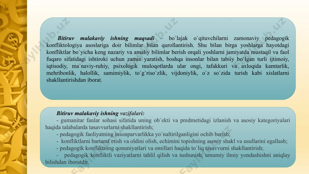 sabab va oqibatlarini o'rganuvchi fan “konfliktologiya” bo'lib, u lotincha “conflictus” – to'qnashuv demakdir. fan nuqtai-nazaridan ilk marotaba konfliktni ilmiy o'rganish davlat hokimiyati, jamiyat a'zolari hamda alohida ijtimoiy guruhlar orasidagi ziddiyatlarni o'rganishdan boshlangan. keyinchalik ilmiy qiziqishlarni ortib borishi bilan ijtimoiy, siyosiy, milliy, guruhlararo va shahslararo konfliktlar fan ob'ektiga aylana boshladi. 3.1.pedagogik konfliktologiyaning paydo bo`lishi va rivojlanishi. 8 konfliktologiya xx asrning ikkinchi yarmidan boshlab fan sifatida shakllana boshlagandan so'ng, jamiyatda konfliktning tutgan o'rni o'rganish jamiyat hayotida juda muhimligi sababli, etnik va guruhlararo konfliktli munosabatlarni o'rganish, sistematik asosda ularni tahlil qilish va o'zaro to'g`ri echimga kelish zaruriy ehtiyojlardan biriga aylandi. konflikt har bir inson hayotining ajralmas qismi. hech bir inson konfliktlardan o`zini “kafolatlanganman” deb ishonch bilan ayta olmaydi. har birimiz bolalik davrlarimizdan konflikt vaziyatlarga tushamiz va bu holatlardan chiqib ketish yo`l va usullarini qidiramiz. konflikt ijtimoiy xodisa ekanligi haqida. konflikt rivojidan har bir inson, yaqin qarindoshlar, mehnat jamoasi o`rtasidagi tinch va totuvlikka asoslangan …