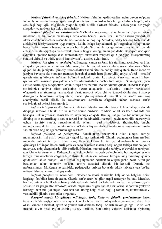 lamiz. nafosat falsafasi tarixida birinchi ibora tarafdorlari ko’pchilikni tashkil etadi. lekin, yuqorida aytib o’tganimizdek, san’at bu fanning yagona tadqiqot ob’ekti emas. hozirgi paytda texnika estetikasi va uning amaliyotdagi sohasi dizayn, atrof-muhitni go’zallashtirish, tabiatdagi nafosat borasidagi muammolar bilan ham shu fan shug`ullanadi. demak, uning qamrovini san’atning o’zi bilangina chegaralab qo’yishga haqqimiz yo’q. zero bugungi kunda inson o’zini o’rab turgan barcha narsa-hodisalarning go’zal bo’lishini, har qadamda nafosatni his etishni istaydi: biz taqib yurgan soat, biz kiygan kiyim, biz haydayotgan mashina, biz uchadigan samolyot, biz yashayotgan uy, biz mehnat qiladigan ishxona, biz yurgizayotgan dastgoh, biz yozayotgan qalam, biz dam oladigan tomoshabog`lar – hammasidan nafis bir ruh ufurib turishi lozim. estetika bir tomondan, san’atning paydo bo’lishidan tortib, uning turlari-yu janrlarigacha, san’at asarining ichki murvatlaridan tortib, san’atkorning ijodkorlik tabiatigacha bo’lgan barcha jarayonlarni o’rganadi. ikkinchi tomondan, san’at uchun umumiy qonun-qoidalarni ishlab chiqadi va tadbiq etadi. uchinchi tomondan esa, san’at asarini idrok etayotgan kishi ruhidagi o’zgarishlarni nafosat …