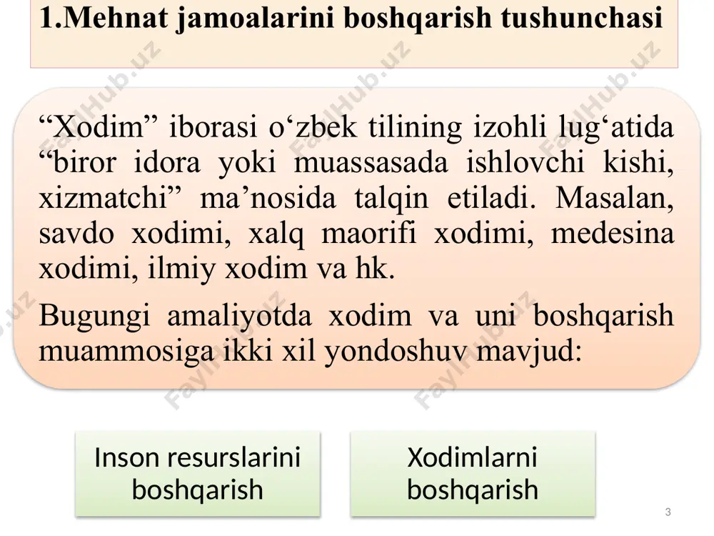 ish lozim. 24 da’vogarga berilgan baholar va tavsiyalarni tahlil qilganda, shuningdek muzokaralar olib borilganda: uning topshirilayotgan ishni bajara olishiga; zarur bo‘lib qolganda kasbiy ma’lumotini oshira bilishiga; texnikaga nisbatan e’tiboriga; fe’l-atvoriga; halolligi, mulohazaliligi, turmushda hozir-nozirligi va to‘g‘riligiga; tashabbuskorligi, hayotga talabchanligiga; ishga hamda ish kuning davomiyligiga; og‘ir sharoitda o‘zini tutishiga; salomatligi, tashqi ko‘rinishi, vaqtni taqsimlay bilishiga; hunari va bo‘sh vaqtlardagi mashg‘ulotlariga diqqat qilish lozim. 25 bulardan tashqari shuni unutmaslik kerakki, ishga qabul qilinayotgan nomzod topshiriladigan ishni bajarishga yaroqligina bo‘lib qolmay, balki korxonaning boshqa xodimlar bilan chiqishib ketadigan ham bo‘lish kerak. agar u shu keyingi talabga muvofiq kelmasa, odatda yaxshi mutaxassisning ham bahridan o‘tish kerak. ishga qabul qilingan odam o‘z hamkasblariga qo‘shilib ketganda o‘zini o‘z uyidagidek his etishi muhimdir. u o‘z burchlarini qanday eplayotganini diqqat bilan kuzatish, hamda unga yordam berish kerak, uning yangi joyda o‘zini tutib olishi uchun vaqt kerakligini anglamoq lozim 26 26 xodimlarni tanlash va ularga adolatli baho berish boshqarishning …