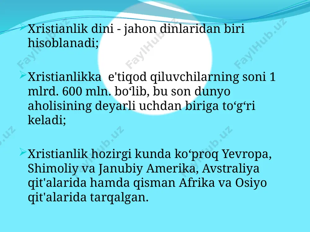 udning xabar berishicha, qadimiy ahdda 24 ta kitob; qadimiy yahudiy tarixchisi iosif flaviyning aytishicha, 22 ta kitobdan iborat. protestantlar va yahudiylar, trident soboridan keyin (1545-1563), katoliklar ham qadimiy ahd tarkibiga 45 ta kitob kirgizadilar. injil “injil” - so‘zi yunoncha “evangelion” so‘zidan kelib chiqqan bo‘lib, hushxabar ma'nosini anglatadi; unda odamzodni qutqaruvchi yagona najotkor hisoblanmish iso masihning yer yuziga yuborilganligi haqida hikoya qilinadi; injil milodning birinchi asrida yozilgan, 27 bo‘limdan iborat xristianlik ta'limoti xristianlik ota-xudo, o‘g‘il-xudo va muqaddas ruh -uch qiyofali xudo (troitsa - trinity) ko‘rinishga ega xudo to‘g‘risidagi ta'limotni, jannat va do‘zax, oxirat, isoning qaytishi haqidagi va boshqa aqidalarni o‘z ichiga oladi. milodning iv asri boshlarida 324 yili xristianlik rim imperiyasida davlat dini deb e'lon qilingan; 325 yili tarixda birinchi marta rim imperatori litsiniya nikeya shahrida i butun olam xristian soborini chaqirdi(pasxani bayram qilish vaqti belgilangan); 381 yili konstantinopolda ii butun olam xristian sobori bo‘lib o‘tdi(“troitsa” haqidagi qoidani ishlab chiqqan va …