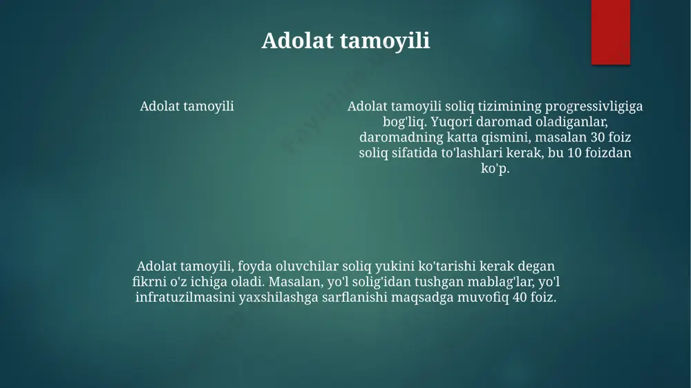 ini tashkil etadi. daromad solig'i daromad solig'i daromad solig'i jismoniy shaxslarning soliq solinadigan daromadidan olinadigan to'g'ridan-to'g'ri soliqdir. soliq stavkalari daromad miqdoriga qarab belgilanadi va progressiv shkala bo'yicha hisoblanadi. daromad solig'i e'tiboringiz uchun rahmat @taqdimot_robot image1.png image2.png image3.png image4.png image5.png image6.png image7.png image8.png image9.png image10.png