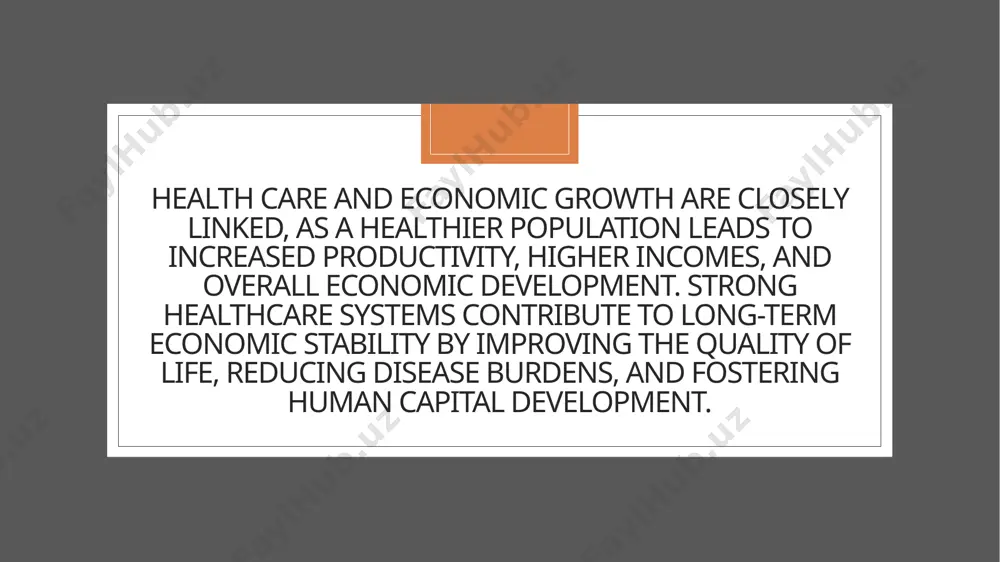 echnological advancements, leading to better treatment options and disease prevention. challenges in the relationship • health inequalities: economic growth does not always translate into equitable healthcare access. poor populations may still struggle with medical expenses. • aging populations: as economies grow and life expectancy rises, healthcare systems face the challenge of supporting an aging population with chronic diseases. • rising healthcare costs: economic growth often leads to higher healthcare costs, which can burden both governments and individuals. conclusion a strong healthcare system is a foundation for sustainable economic growth. countries investing in healthcare enjoy long-term economic benefits, including higher productivity, reduced costs, and a more resilient workforce. in turn, economic growth supports healthcare improvements, creating a positive cycle of development and well-being. image2.jpeg image3.png image4.png