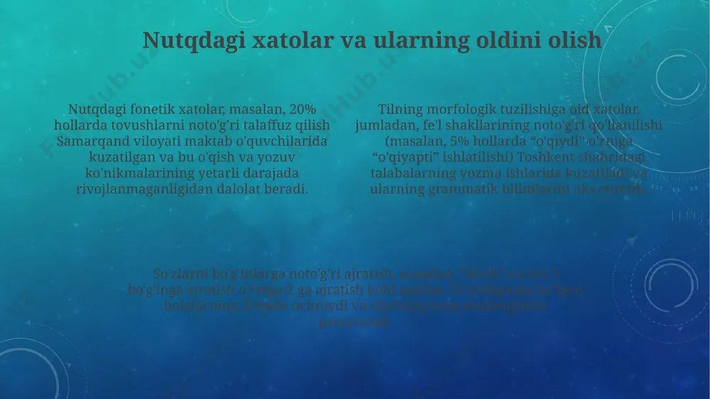 , ijodiy yozuvchilar va ommaviy axborot vositalari xodimlarining ishonchliligi va professionalligini oshiradi. nutq madaniyati va uning tarkibiy qismlari nutq madaniyati 5 ta asosiy komponentdan: tovush madaniyati, talaffuz, intonatsiya, soʻz boyligi va grammatik toʻgʻrilikdan iborat boʻlib, ularning har biri samarqanddagi 15-asr adabiyoti namunalarida aniq koʻrinib turadi. oʻzbek tilining fonetik xususiyatlari, masalan, undosh tovushlarning 20 dan ortiq boʻlishi, nutq madaniyatiga ta'sir koʻrsatib, tovush madaniyatining shakllanishiga olib keladi va toshkentdagi tilshunoslik tadqiqotlariga ko'ra tasdiqlanadi. nutq madaniyatining muhim tarkibiy qismi boʻlgan intonatsiya, 3 xil asosiy maqsadda qoʻllaniladi: his-tuygʻularni ifodalash, gapning mantiqan boʻlinishi va jumlaning tuzilishini aniqlash, bu esa fargʻona vodiysida oʻtkazilgan sotsiolingvistik tadqiqotlar natijalariga muvofiq keladi. tilning aniqligi va uning ahamiyati samarqanddagi tadqiqotlar shuni ko'rsatdiki, 250 nafar ishtirokchidan 75 foizi noto'g'ri imlo bilan yozilgan so'zni noto'g'ri talaffuz qilgan, bu imlo va talaffuz o'rtasidagi kuchli bog'liqlikni tasdiqlaydi. tilning fonetik tuzilishi, masalan, 3 ta urg'u turi mavjud bo'lgan ingliz tilida, so'zlarning to'g'ri talaffuzi va intonatsiyasi xabarni …