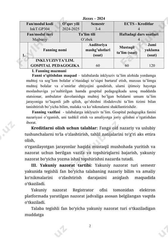 aratilgan nazorat jadvaliga asosan belgilangan vaqtda o’tkaziladi. talaba tegishli fan bo’yicha yakuniy nazorat turi o’tkaziladigan muddatga qadar joriy nazorat, oraliq nazorat va mustaqil ta’lim topshiriqlarini topshirgan bo’lishi shart. joriy nazorat, oraliq nazorat va mustaqil ta’lim topshiriqlarini topshirmagan, shuningdek ushbu topshiriqlar va nazorat turi bo’yicha «0-29,9» ballar oralig’ida ball olgan talaba yakuniy nazorat turiga kiritilmaydi. iii.1. yakuniy nazorat talablari. fan doirasida talabalar 255 ta test ko’rinishida taqdim etadi. har bir test savoli 2 ballik tizimda baholanadi. talabaga kompyuterda testni yechish uchun 40 minut vaqt ajratiladi. yakuniy nazorat ishlari 50 ballik tizimda quyidagi baholash mezonlari asosida baholanadi: 46 – 48 ball – “talaba mustaqil xulosa va qaror qabul qiladi, ijodiy fikrlay oladi, mustaqil mushohada yuritadi, olgan bilimini amalda qo’llay oladi, testda berilgan savolning mohiyatini tushunadi, biladi, ifodalay oladi, aytib beradi, test savoli bo’yicha tasavvurga ega” deb topilganda; 36 – 44 ball – “talaba mustaqil mushohada yuritadi, olgan bilimini amalda qo’llay oladi, test …