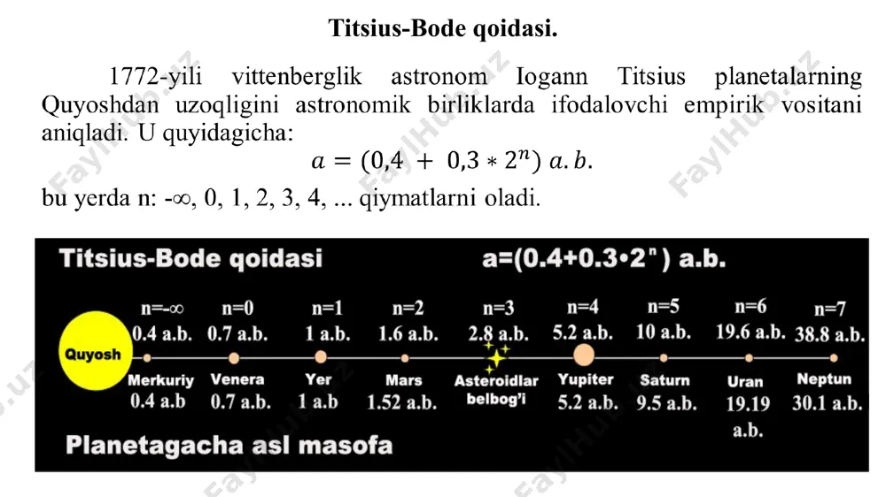 orti) obyektlariningsoni 300 taga yaqinlashib qoldi. bu jismlarning bari sayyoralar singari quyosh atrofida uning planetalari kabi to‘g‘ri yo‘nalishda aylanadi. ularni asteroid yoki kometa deb atash juda qiyin, chunki yangi ochilayotgan bu jismlarning diametri ancha katta bo‘lib, 100-800 km ni tashkil qiladi. eng oxirgi tadqiqotlarning natijasiga ko‘ra, bu belbog‘da diametri 100 km dan ortiq bo‘lgan 70 000 dan ortiq obyekt bo‘lishi mumkin. savol va topshiriqlar: titsius qonuni planetalar orbitasiga tegishli qanday parametrni hisoblaydi? mayda planetalrning orbitalari mavjud qaysi planetalar oralig‘ida yotadi? qaysi mayda planetalar davriy ravishda yerga yaqinlashib turadi? mitti planetalar xalqaro astronomiya ittifoqi (xai) tomonidan qanday ta’rif bilan belgilandi? keys image1.png image2.png image3.jpg image4.png image5.png image6.png image7.png image8.png image9.png image10.png image11.png image12.png image13.png image14.jpg image15.jpg image16.png image17.png image18.png image19.png image20.jpeg image21.png image22.jpeg image23.png image24.jpg image25.jpeg image26.png image27.png image28.jpeg image29.jpg image30.png image31.png image32.png /docprops/thumbnail.jpeg