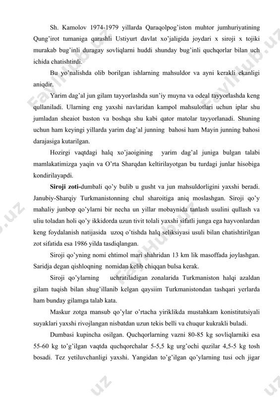 ilgan. quchqorlarning vazni 80-85 kg sovliqlarniki esa 55-60 kg to’g’ilgan vaqtda quchqorchalar 5-5,5 kg urg’ochi quzilar 4,5-5 kg tosh bosadi. tez yetiluvchanligi yaxshi. yangidan to’g’ilgan qo’ylarning tusi och jigar rangdan to tuk jigar ranga bulinadi. 3-4 oylik quzilarning junlari buyoq beruvchi pegment moddalarni yo’qotish hisobiga rqara boshlaydi bir yasharligida esa juni oqarib ketadi. boshi va oyoqlarining rangi qo’ylarning yoshini orta borishi bilan ham o’zgarmadan quzilik rangini saqlab qoladi. jun har xil tolali tivit orqali va kichik tolalarning nisbati va texnologik hususiyati bo’yicha boshqa dumbali qo’y zotlarining junidan ancha yuqori turadi. jun tolimsimon va ikki qavatdan pastki va yuqori qavatdan iborat. paski qavati tivit tolasining kupligi tufayli tolimnin6g nisbatdan zich asosiy asosiy ustkisiz esa oraliq va kichik tolalardan iborat bulib uchi keskin torayib oziroq minmli tolimni tashkil etadi. bohorgi yaprog’i jundagi tolalarning uzunligi 14-16 sm tivitniki 6-8 sm jundagi tivit tolimining miqdori 56-75 oraliq tolalarniki 21-26 % va kichik tolalarniki esa …