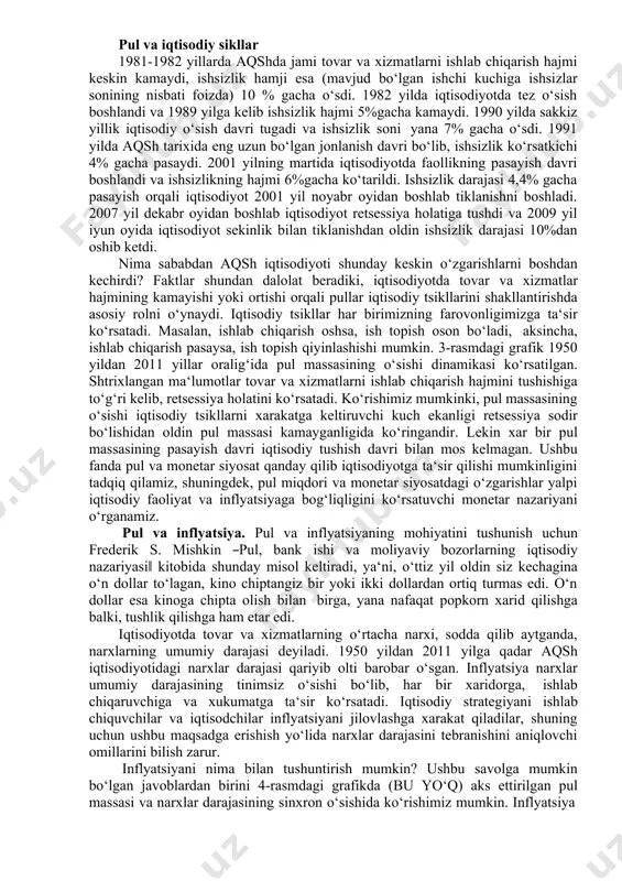 nazariyachilar, mutaxassislar juda ko‘p ilmiy asarlar, maqolalar va tadqiqot ishlari yaratgan. hozirgi kunda ham ushbu jarayon davom etmoqda. iqtisodiy adabiyotlarda pulning vujudga kelishi va uning hozirgi kundagi ko‘rinishi haqida yagona yondashuv mavjud emas. pulning vujudga kelish sababini bilish uchun qadimda odamlar o‘rtasida ro‘y bergan ayirboshlash munosabatlarini amalga oshirish jarayoniga e‘tibor qaratish lozim. chunki, aynan mana shu tabiiy ayirboshlash jarayoni hozirgi kunda siz bilan biz kundalik hayotda va hisob – kitoblarda foydalanib kelayotgan pulning vujudga kelishiga zamin yaratgan. xususan, pulning vujudga kelishiga quyidagi omillar asos bo‘lib xizmat qiladi: · qadimgi davrda odamlar o‘z ehtiyojidan ortib qolgan iste‘mol mahsulotlari turib qolmasligi va saqlashning imkoniyati bo‘lmaganligi bois ularni o‘zlariga yaqin yoki tanish odamlarga bergan, bu o‘z – o‘zidan odamlar o‘rtasida stixiyali ravishda bir tomonlama ayirboshlash munosabatlari vujudga kelishiga sabab bo‘lgan; · keyinchalik odamlarning ongi, dunyoqarashi va hayot kechirish tarzi rivojlanganligi natijasida, ikki tomonloma ayirboshlash munosabatlari vujudga kela boshladi. bu davrda, kishilarda o‘ziga zarur …
