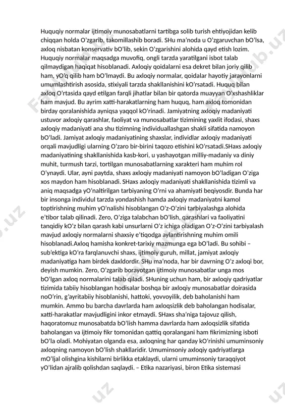 azkur yaxlitlik 4 fazilat yaxlitligi (ezgu fikr, ezgu soʻz, ezgu amal va maʼrifat) shaklida namoyon boʻldi (aziziddin nasafiy, koshifiy). naqshbandiya tariqati axloqshunosligida esa asosiy eʼtibor insonning zamon va makondagi roliga, axloqiy xattiharakatning zamon ehtiyojlarini hisobga olishi, ilohiy va insoniy fazilatlarning uygʻunligi masalasiga qaratildi (bahouddin yaaqshband, alisher navoiy). oʻrta asrlar oʻzbek etikasida nazariy fikrlar bilan pandnoma usulidagi hikoyatlar omuxtaligi koʻzga tashlanadi (yusuf xos hojib, ahmad yugnakiy, yassaviy, poshshoxoja). bu jihatdan temuriylar davridagi pandnomalar, ayniqsa, navoiyning „mahbub ul-qulub“ asari noyob hisoblanadi. keyingi davrlardagi eng eʼtiborli pandnoma gulxaniyning „zarbulmasal“ asaridir. jadidchilik harakati davrida axloqshunoslikka eʼtibor yanada kuchaydi; jadidlar milliy ozodlikka erishish yoʻlini xalq axloqiy darajasini va maʼrifatni yuksaltirishda koʻrdilar. anbar otinning „qarolar falsafasi“, avloniyshtg „turkiy guliston yoxud axloq“, fitratnit „najot yoʻli“, „oila“ asarlarida shaxs axloqiy hayotining jamiyat taraqqiyotiga taʼsiri, yangicha turmush tarzining axloqiylik bilan bogʻliqligi masalalari koʻtarildi. axloqiylikni sinfiylik va partiyaviylik kabi tamoyillarga boʻysundirgan shoʻrolar davri etikasi soxta fan sifatida oʻz vazifasini oʻtay …