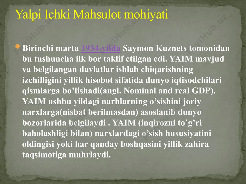 investitsion sarflarni bildiradi. yaimni daromadlar bo’yicha hisoblashda uy xo’jaliklari, korxona va davlat muassasalarining dastlabki, ya‘ni taqsimlangan daromadlarini mehnat haqi va yalpi foydaga (renta, ssuda foizi va tadbirkorlik foydasi va h.k.) ajratish mumkin. milliy mahsulot hajmini daromadlar summasi bo’yicha hisoblash 1uy xo’jaliklarining iste‘mol sarflari +1daromad bilan bog’liq bo’lmagan sarf va to’lovlar a) amortizatsiyab) egri soliqlar+2tadbirkorlarning investitsion sarflari +2ish haqi+3tovar va xizmatlarning davlat xaridi+3renta to’lovlari+ 4chet elliklarsarfi+4foiz+5notijorat muassasalari sarfi+5foyda+6moddiy aylanma vositalar zaxirasidagi o’zgarishlar yaim yaim =yaqq ishlab chiqarish usuli. yaim ko‘rsatkichi ishlab chiqarish usuli bilan hisoblanganda, uning xajmi mamlakat iqtisodiy hududidagi barcha rezidentlar tomonidan yaratilgan yalpi qo‘shilgan qiymat (yaqq)lar yiindisiga teng bo‘ladi: yalpi ichki mahsulot ko‘rsatkichini ishlab chiqarish usuli bilan hisoblash uchun, dastlab yalpi ishlab chiqarish ko‘rsatkichi aniqlanishi lozim. mht uslubiyatiga asosan hisobot davrida mamlakat iqtisodiy hududidagi rezidentlar ishlab chiqargan barcha mahsulotlar va ko‘rsatilgan xizmatlarning joriy baholardagi qiymati yig‘indisiga - yalpi ishlab chiqarish deb ataladi. 1993 yildagi mhtning uchinchi xalqaro standarti bo‘yicha …