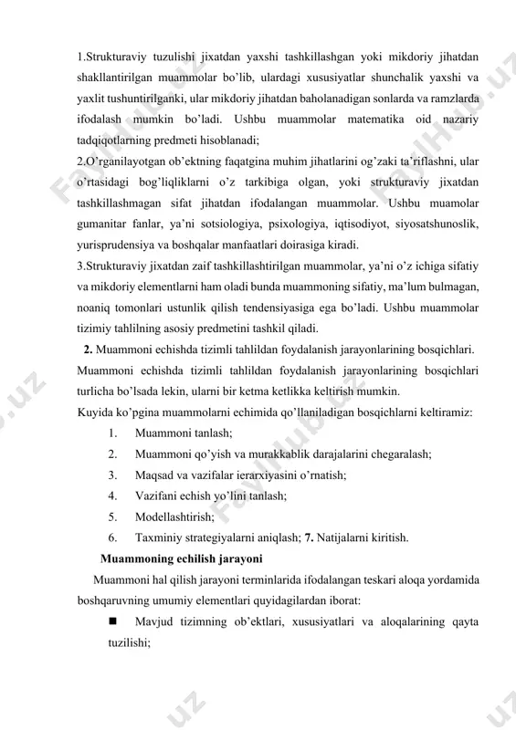 a yordamida boshqaruvning umumiy elementlari quyidagilardan iborat: · mavjud tizimning ob’ektlari, xususiyatlari va aloqalarining qayta tuzilishi; · chiqish modelini va tizim harakatining mezonlarini boshqarish uchun tizimning chiqishini kirishga aylantirish; · tizimni saqlab qolish yokki yaxshilash maqsadida davom etayotgan jarayonga ta’sir o’tkazish; · mavjud va kutilayotgan jarayon o’rtasidagi farqlarni aniqlash uchun o’qitish va anglash har bir bosqichdagi echimning natijasi tadqiqotning keyingi yo’nalishini hal qiluvchi 2 xil ma’no berishi mumkin: 1. qisman bo’lgan echimning tekshiruvini o’tkazish (buning natijasida to’liq echim o’rganib chiqilishi ham mumkin, o’rganilmasligi ham mumkin) yoki to’liq echimning tekshiruvini o’tkazing. bu tekshiruvlarning har biri yoki ijobiy yoki salbiy natijani berishi mumkin. agar muammoning to’liq echimining iloji bo’lmasa, salbiy natijaga yo’nalgan yo’l alternativ echim tomonga olib boradi; 2. to’liq echimning tekshiruvi o’tkazilganda salbiy javobga ega bo’lgan tomon yangi gipotezalar ishlab chiqish va muammoning hal etilishini boshqa yo’llarini o’ylab topish muhimligini ko’rsatib beradi. ijobiy javob bo’lgan tomonda esa echim tugallangan hisoblanadi, lekin …
